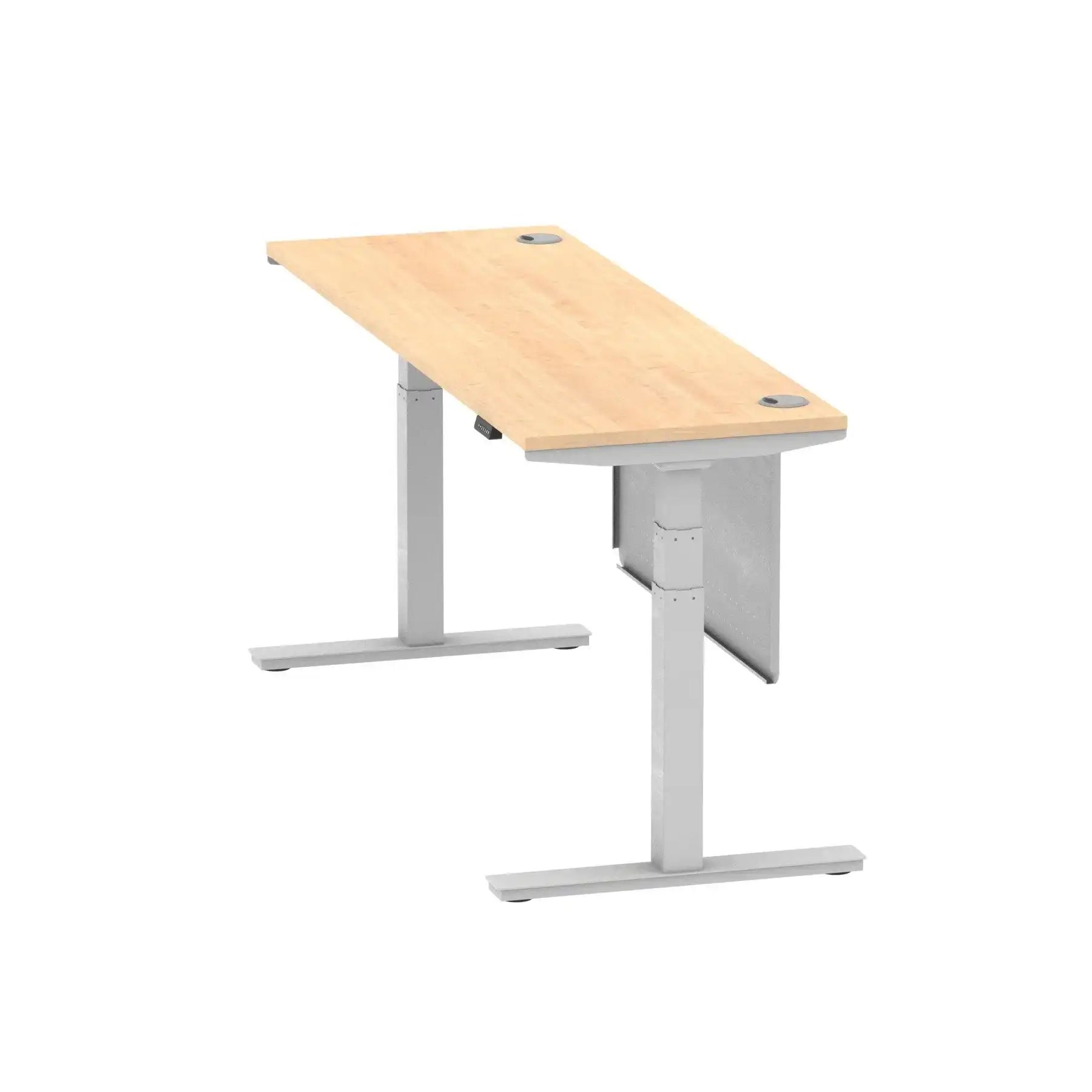 Air Modesty 600mm Height Adjustable Office Desk Maple Top Cable Ports Silver Leg With Silver Steel Modesty Panel - Price Crash Furniture