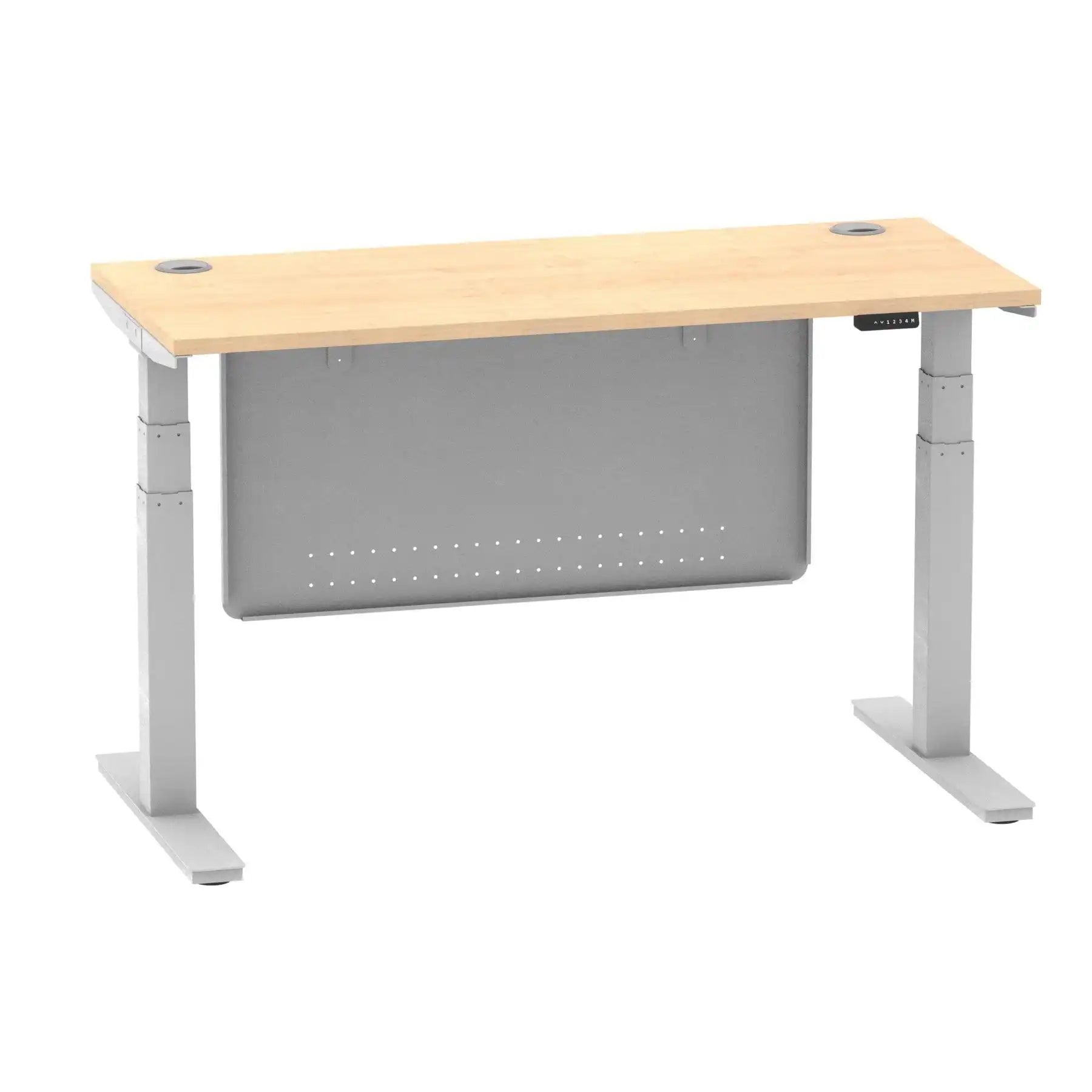 Air Modesty 600mm Height Adjustable Office Desk Maple Top Cable Ports Silver Leg With Silver Steel Modesty Panel - Price Crash Furniture