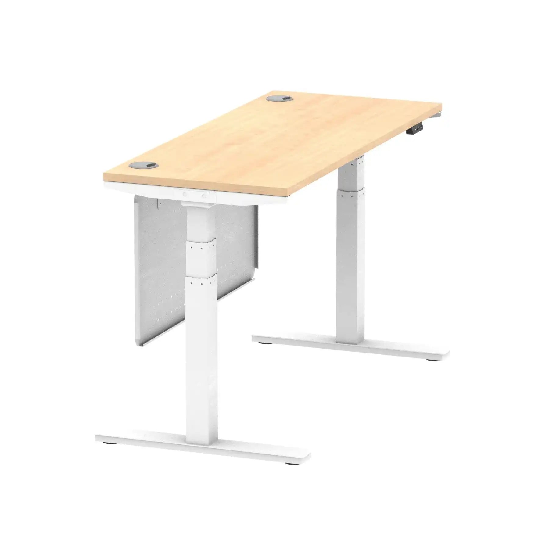 Air Modesty 600mm Height Adjustable Office Desk Maple Top Cable Ports White Leg With White Steel Modesty Panel - Price Crash Furniture