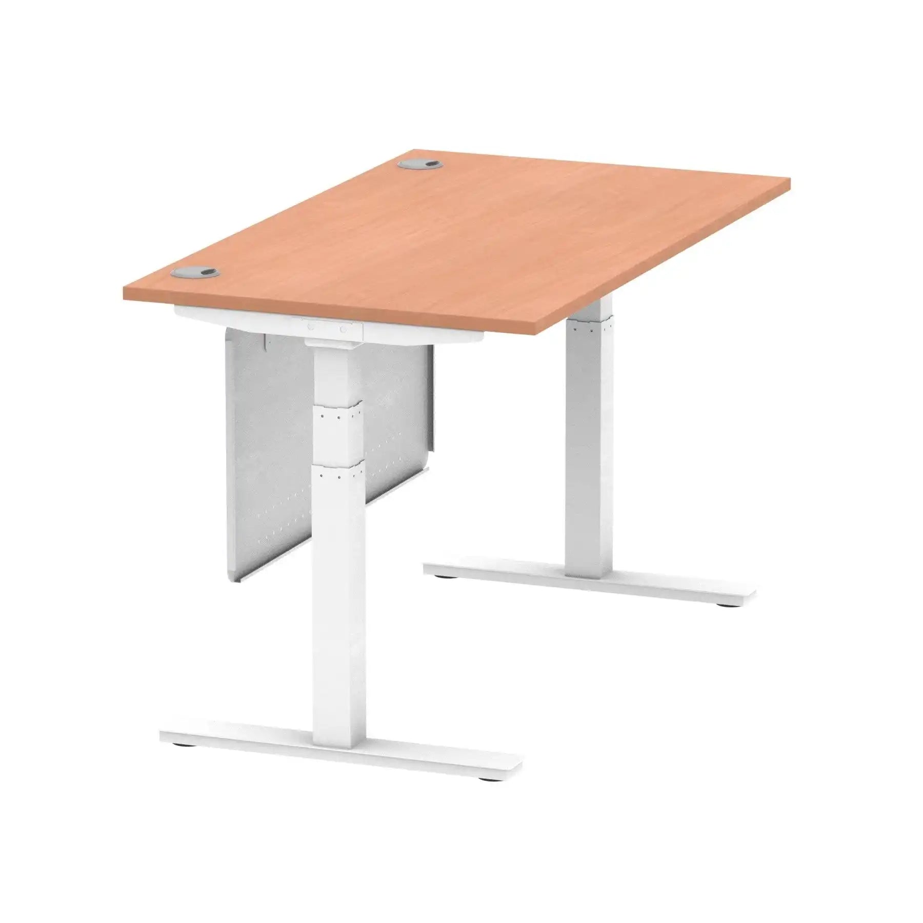 Air Modesty 800mm Height Adjustable Office Desk Beech Top Cable Ports White Leg With White Steel Modesty Panel - Price Crash Furniture