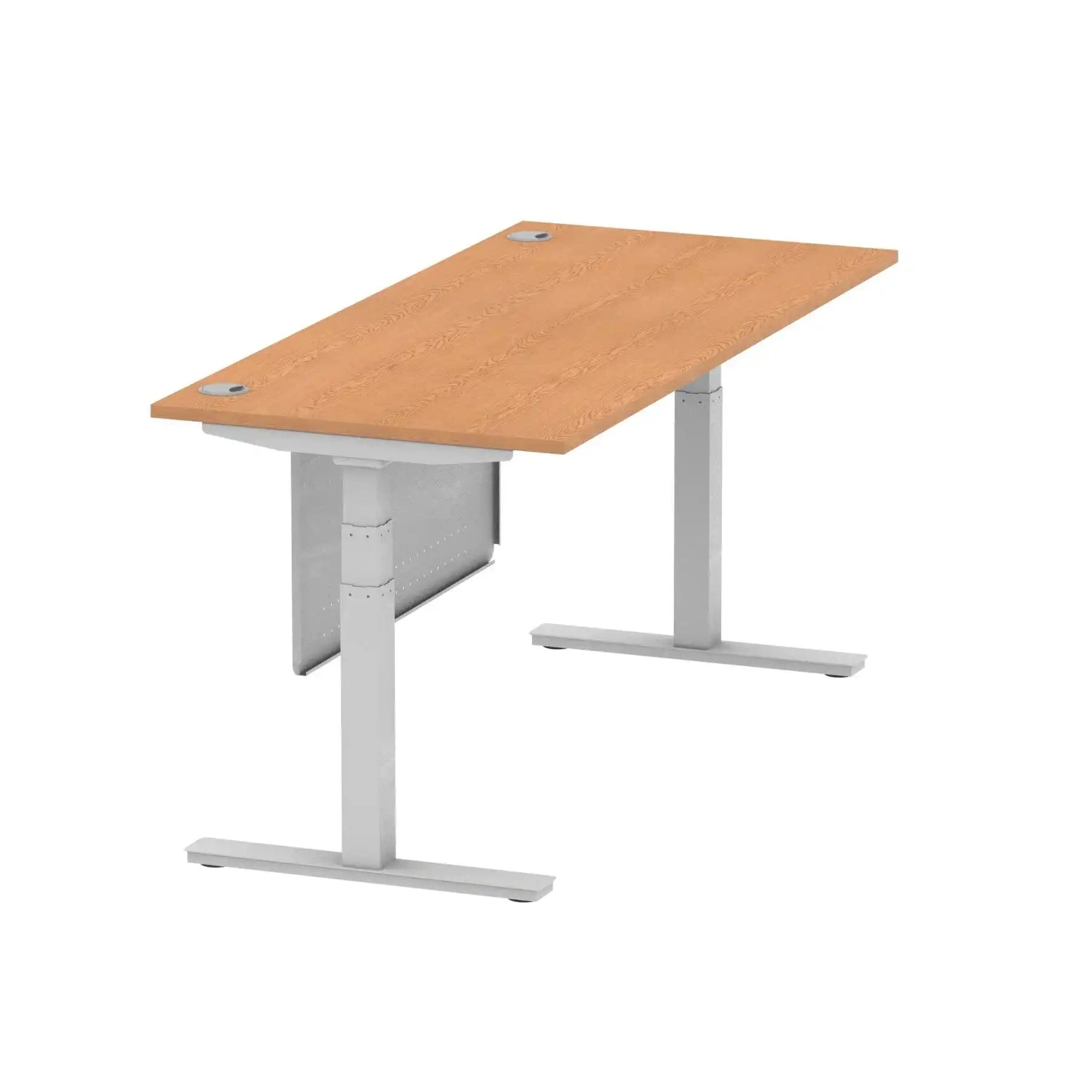 Air Modesty 800mm Height Adjustable Office Desk Oak Top Cable Ports Silver Leg With Silver Steel Modesty Panel - Price Crash Furniture