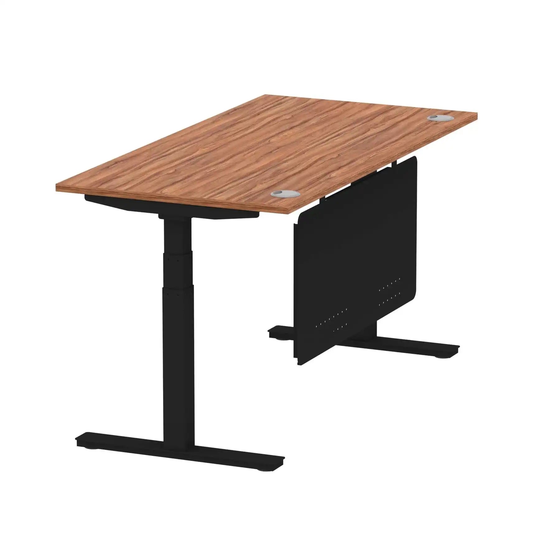 Air Modesty 800mm Height Adjustable Office Desk Walnut Top Cable Ports Black Leg With Black Steel Modesty Panel - Price Crash Furniture