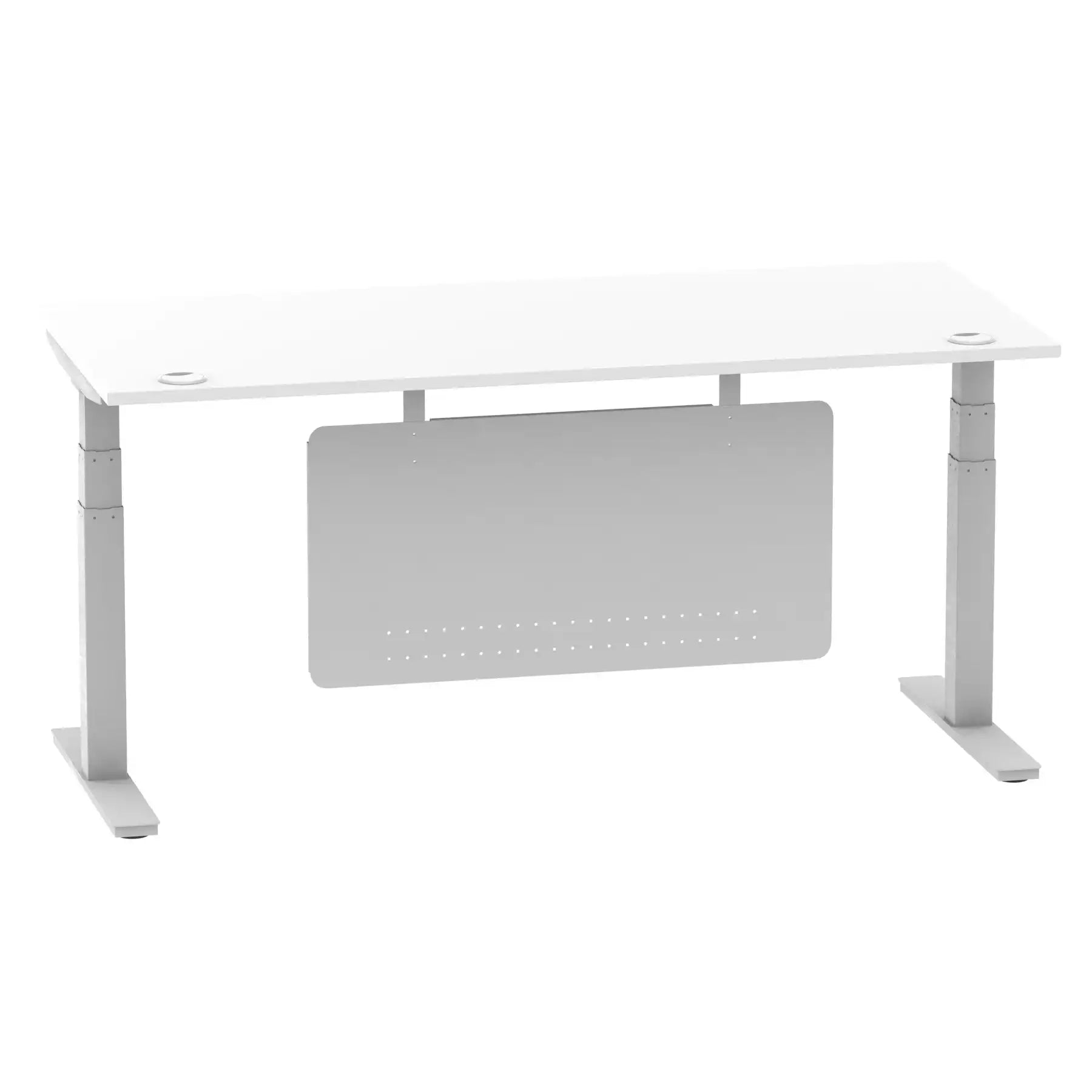 Air Modesty 800mm Height Adjustable Office Desk White Top Cable Ports Silver Leg With Silver Steel Modesty Panel - Price Crash Furniture