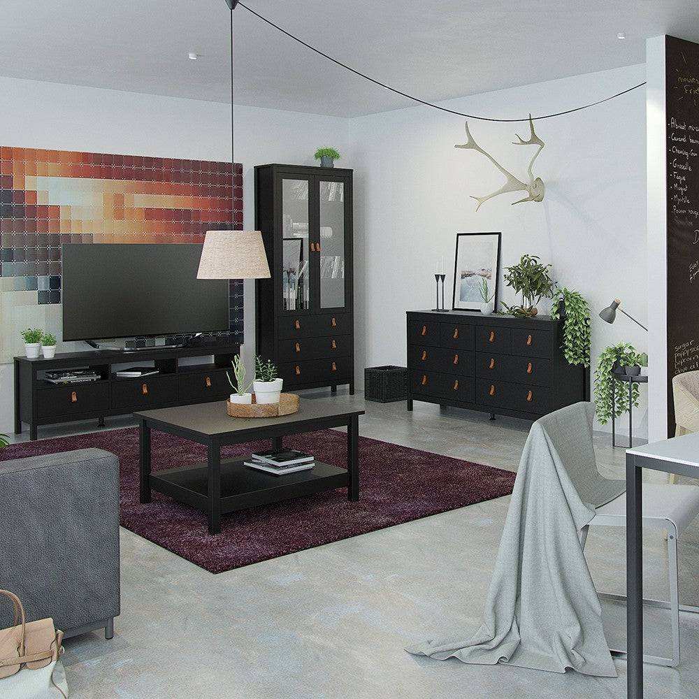 Barcelona Glazed Double Display China Cabinet Unit 2 Doors 3 Drawers Black - Price Crash Furniture