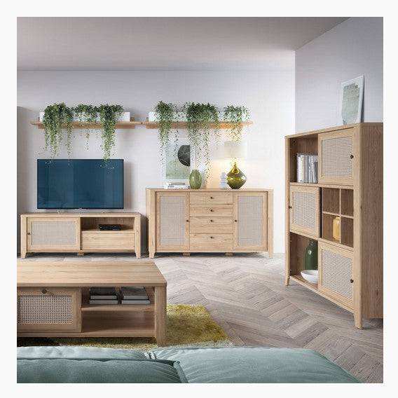 Cestino 3 Sliding Door Cabinet in Jackson Hickory Oak And Rattan Effect - Price Crash Furniture