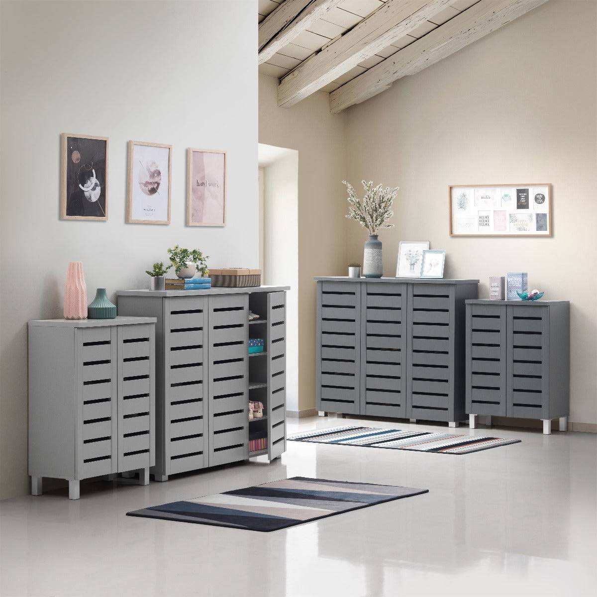 Essentials 3 Door Slatted Shoe Cabinet in Dark Grey by TAD - Price Crash Furniture
