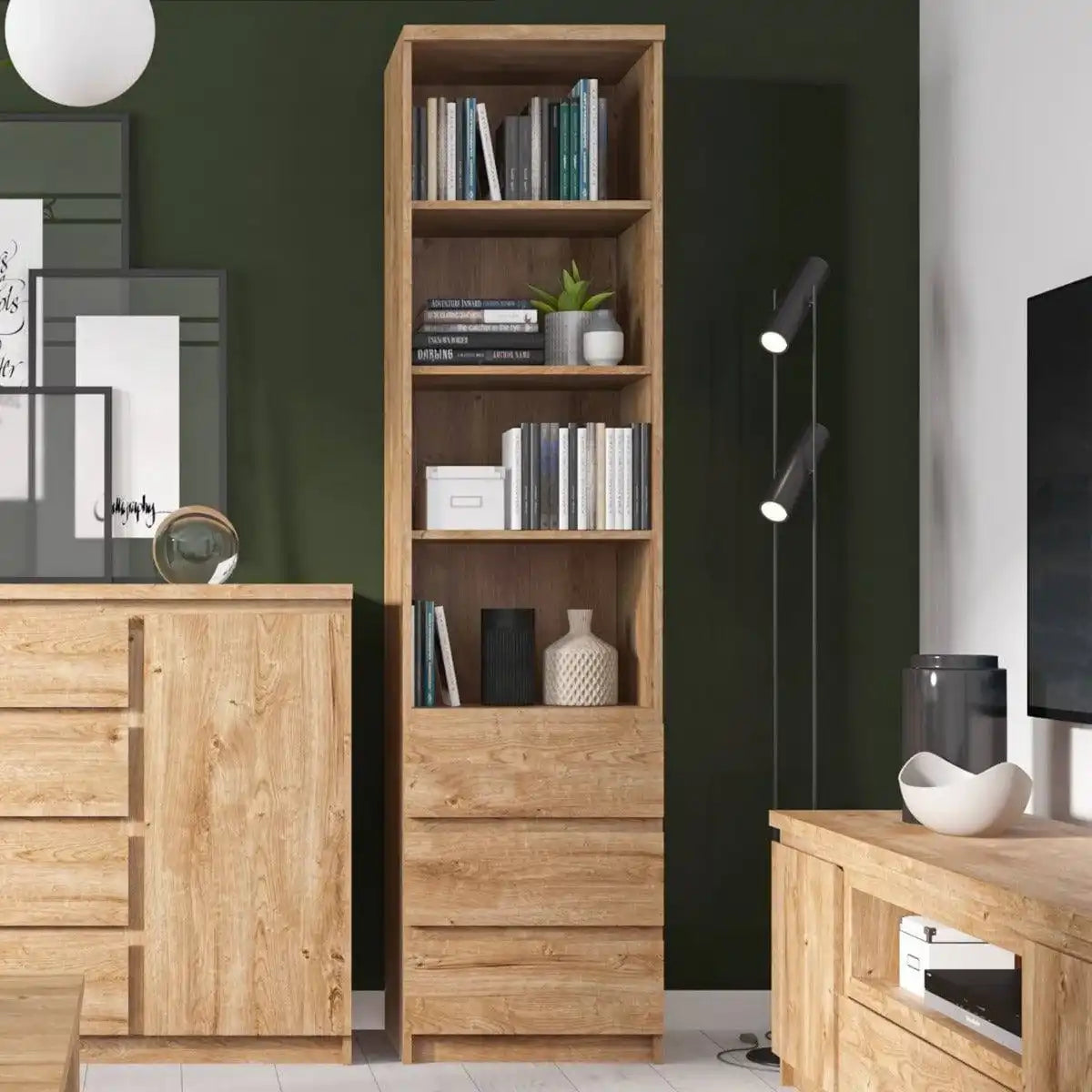 Fribo Tall Narrow 3 Drawer Bookcase in Golden Oak - Price Crash Furniture