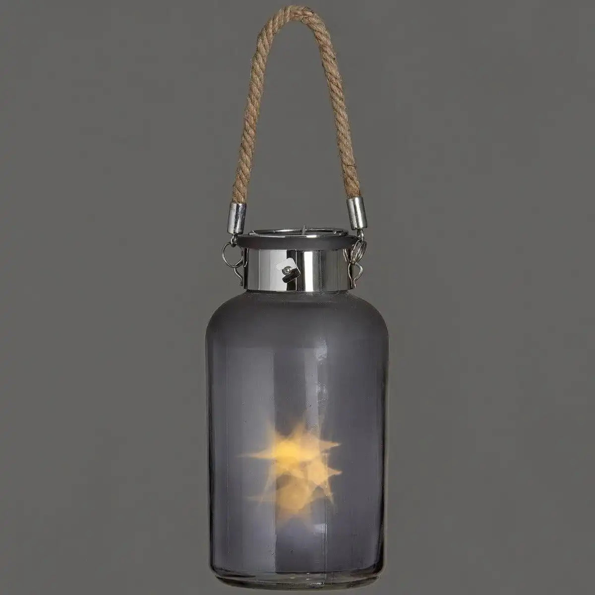 Frosted Grey Glass Lantern With Rope Detail And LED - Price Crash Furniture