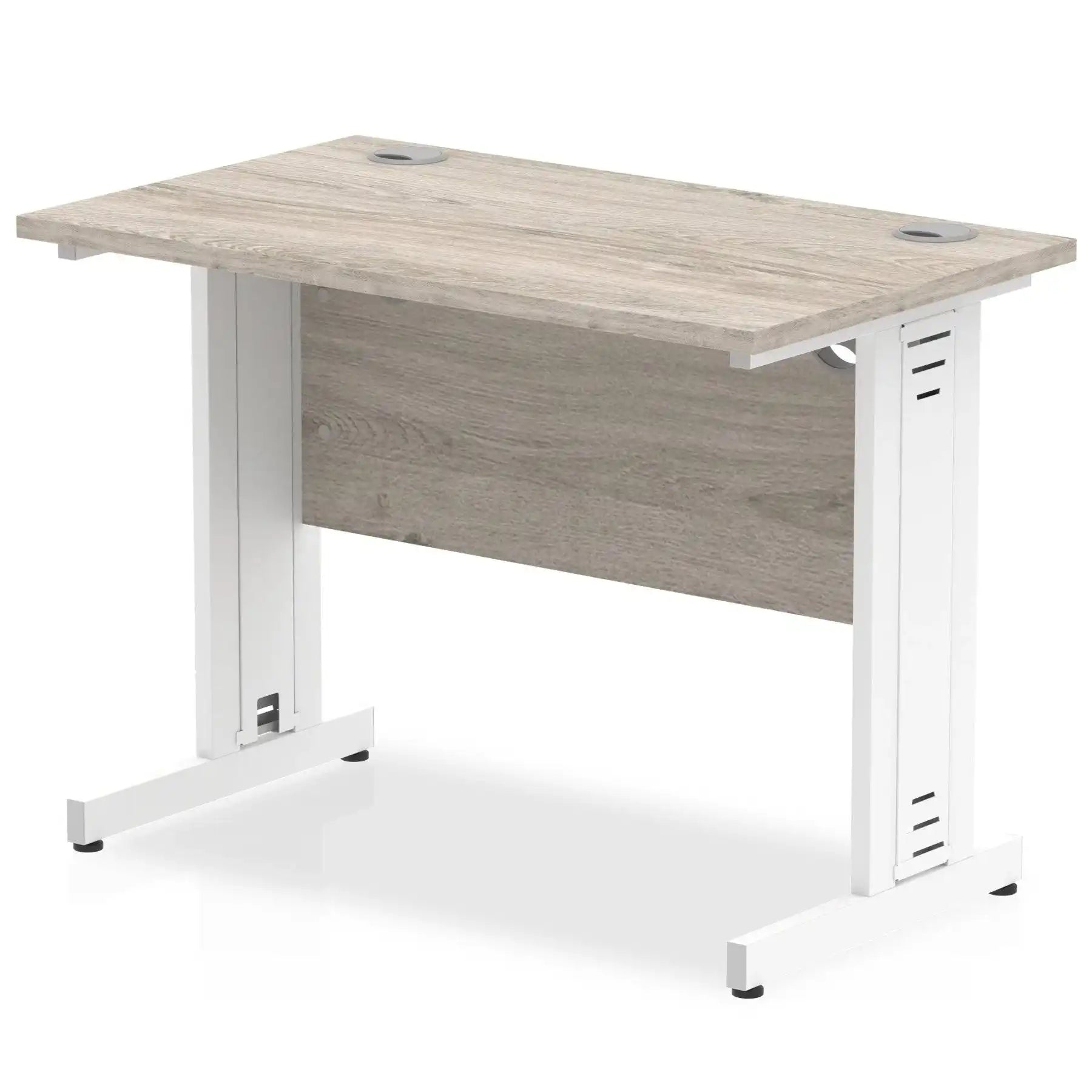 Impulse 600mm deep Straight Desk with Grey Oak Top and White Cable Managed Leg - Price Crash Furniture