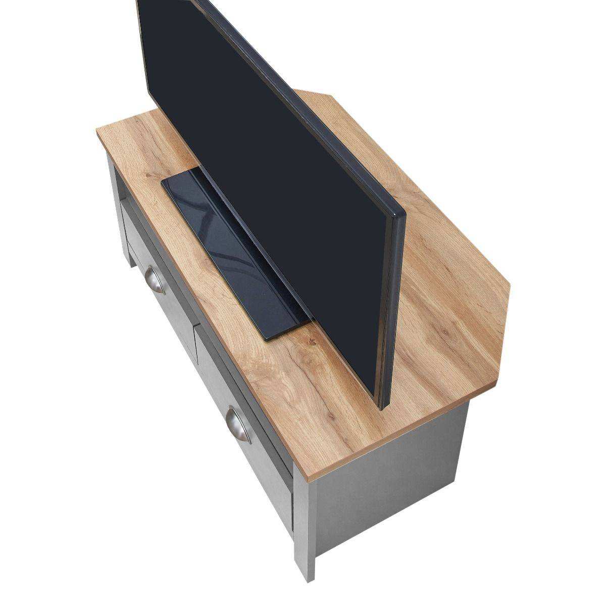 Lisbon corner TV unit stand - 2 drawers in grey & oak by TAD - Price Crash Furniture