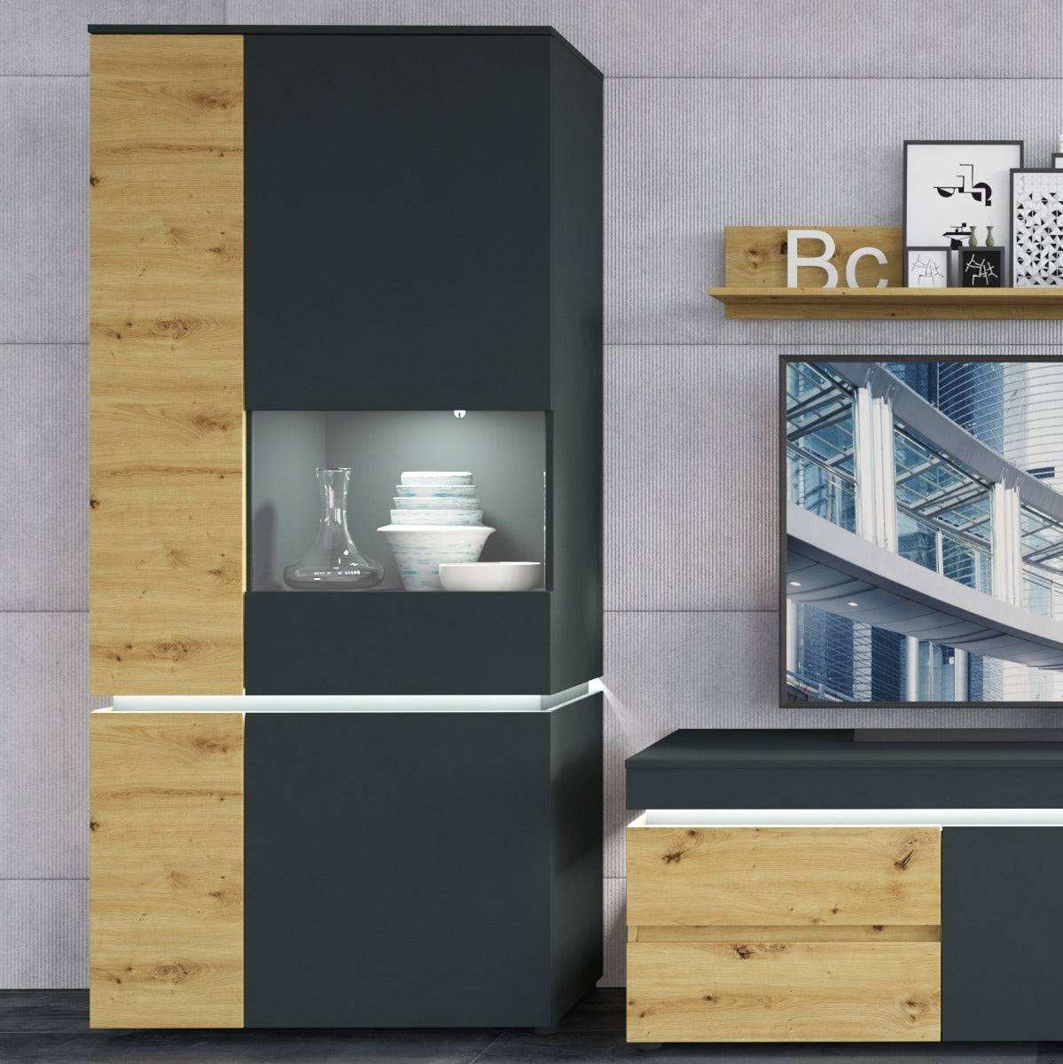 Luci 4 Door Tall Display Cabinet RH (including LED lighting) in Platinum and Oak - Price Crash Furniture
