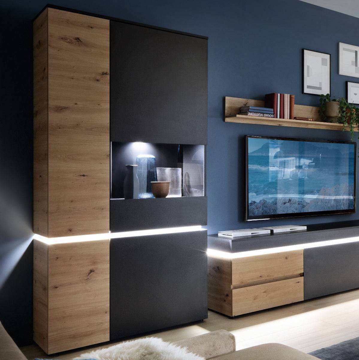 Luci 4 Door Tall Display Cabinet RH (including LED lighting) in Platinum and Oak - Price Crash Furniture