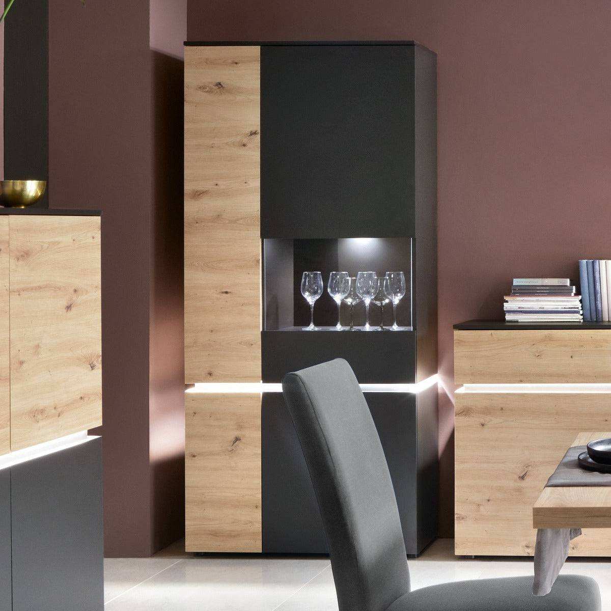 Luci 4 Door Tall Display Cabinet RH (including LED lighting) in Platinum and Oak - Price Crash Furniture
