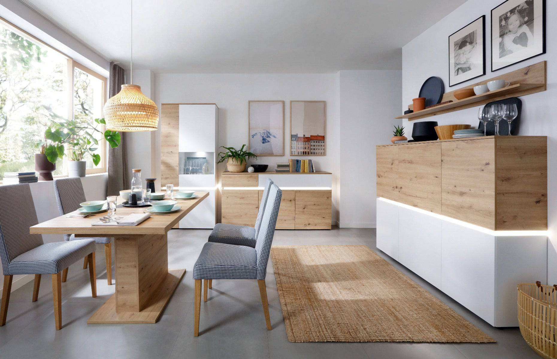 Luci 6 Door Tall Cabinet Sideboard (including LED lighting) in White and Oak - Price Crash Furniture