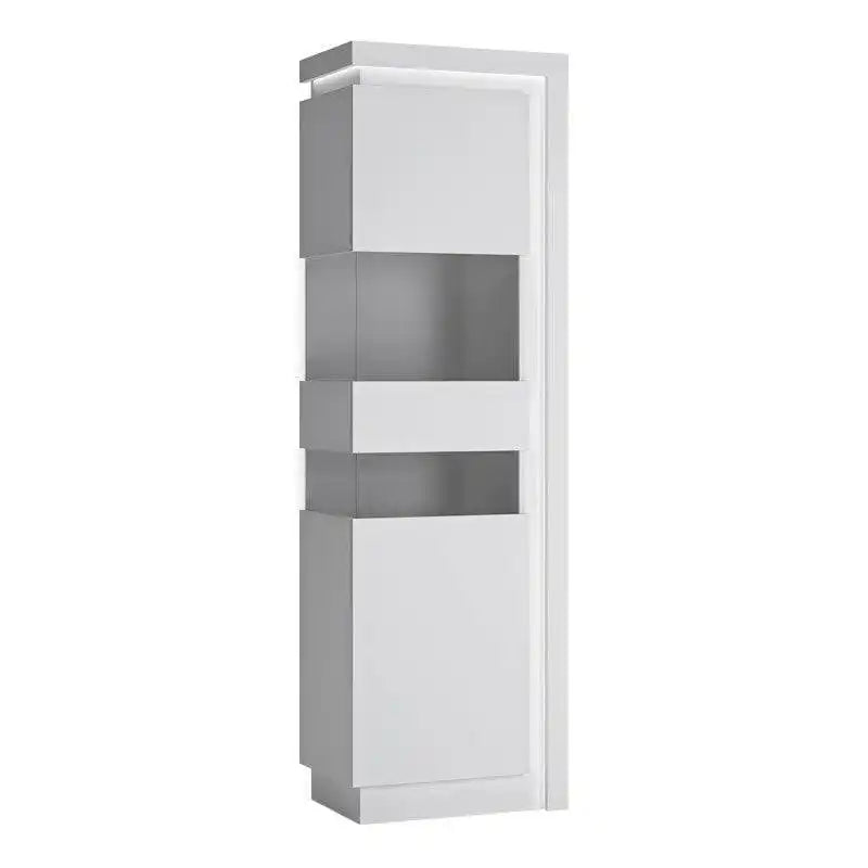 Lyon Narrow Display Cabinet (RHD) 164.1cm inc LED lighting in White High Gloss - Price Crash Furniture