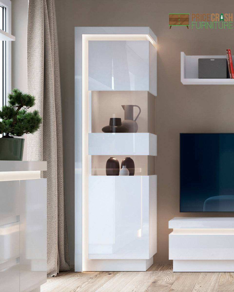 Lyon Tall Narrow Display Cabinet (RH) incl LED lighting in White High Gloss - Price Crash Furniture