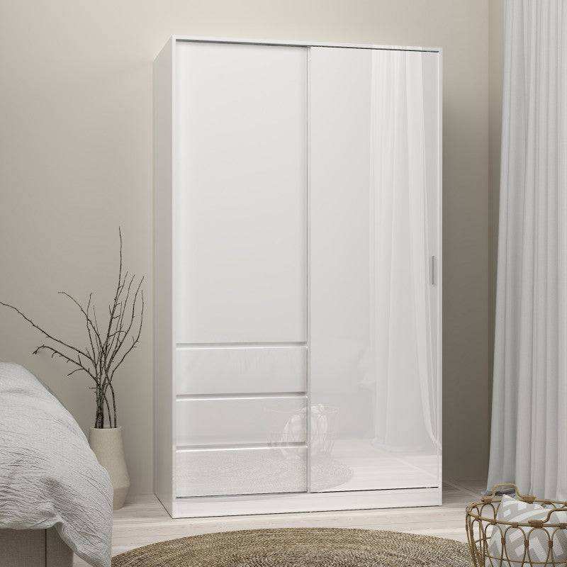 Naia Wardrobe with 1 Sliding door + 1 door + 3 drawers in White High Gloss - Price Crash Furniture