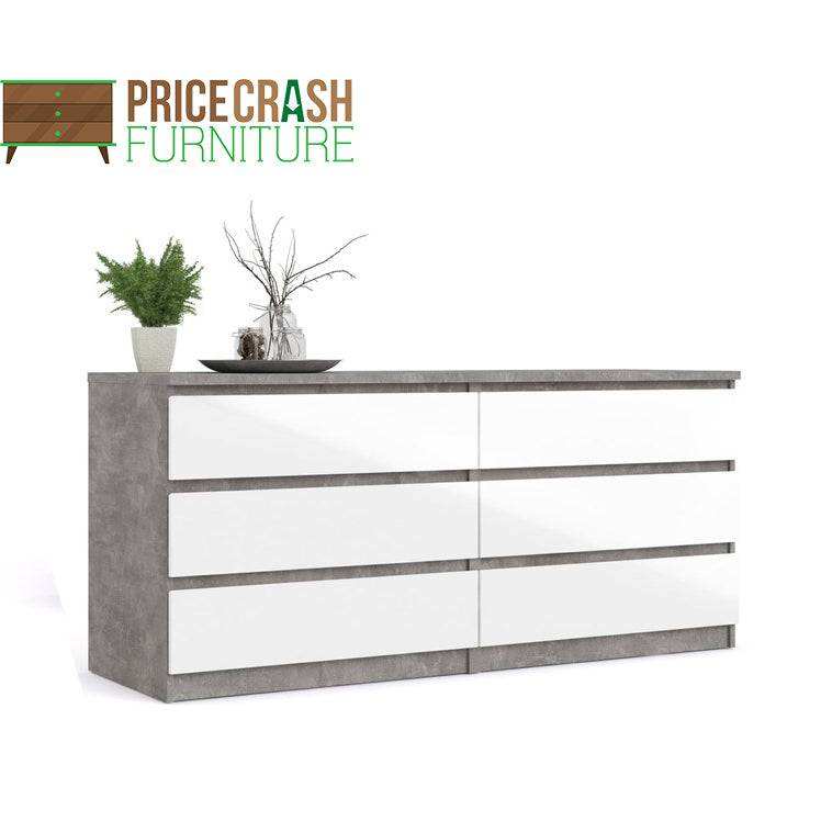Naia Wide Chest Of 6 Drawers (3+3) in Concrete Grey and White High Gloss - Price Crash Furniture