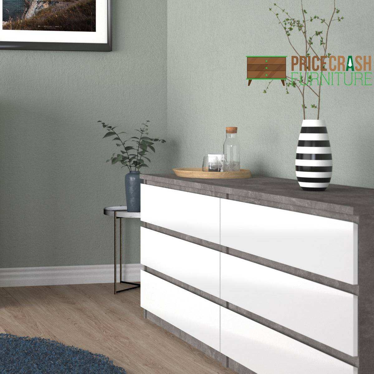 Naia Wide Chest Of 6 Drawers (3+3) in Concrete Grey and White High Gloss - Price Crash Furniture