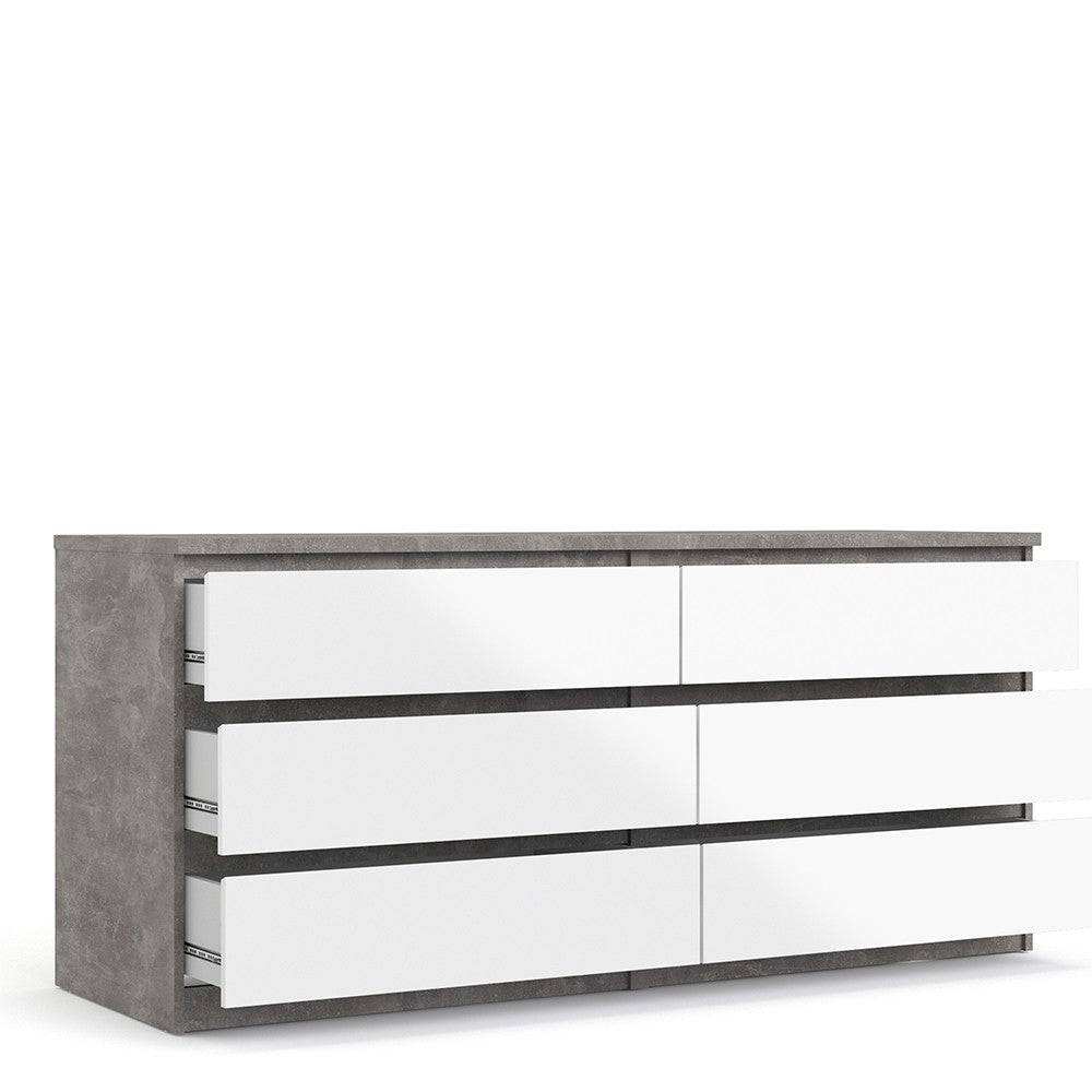 Naia Wide Chest Of 6 Drawers (3+3) in Concrete Grey and White High Gloss - Price Crash Furniture