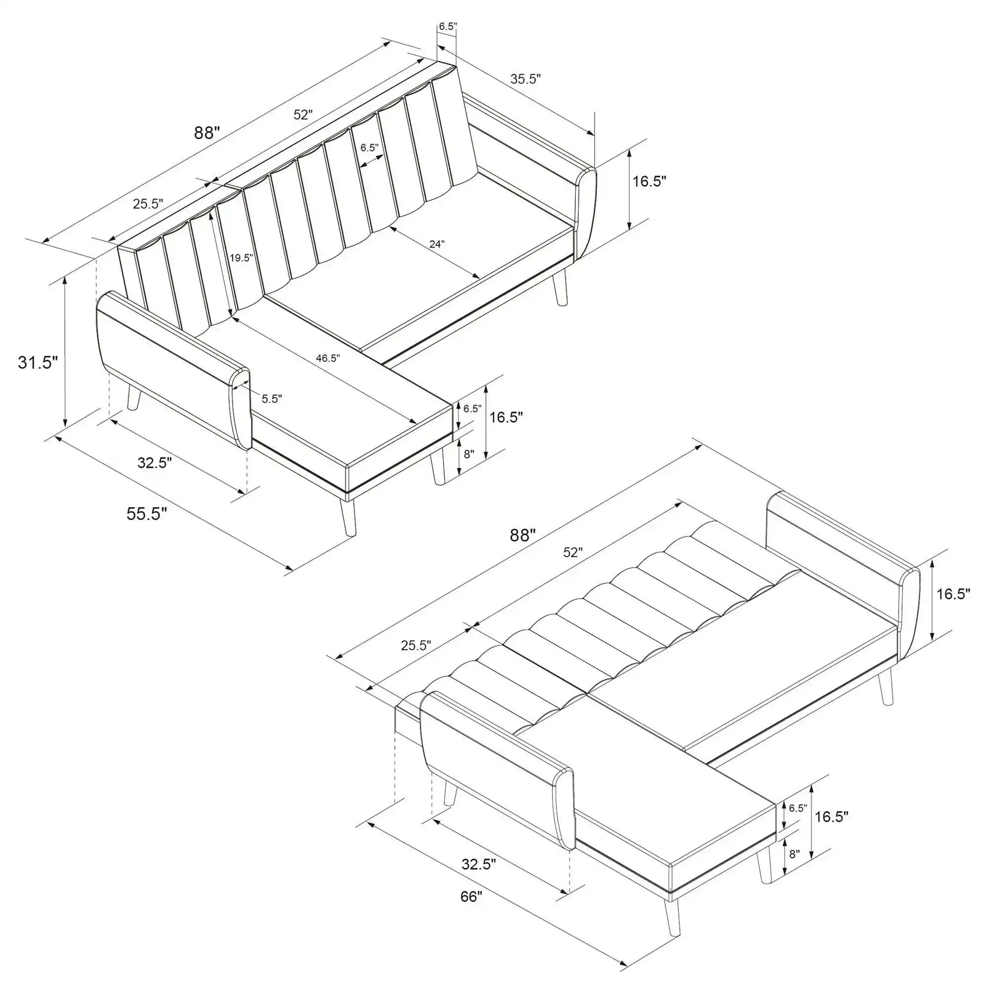 NOVOGRATZ Brittany Sectional Futon Sofa Linen Navy Blue - Price Crash Furniture