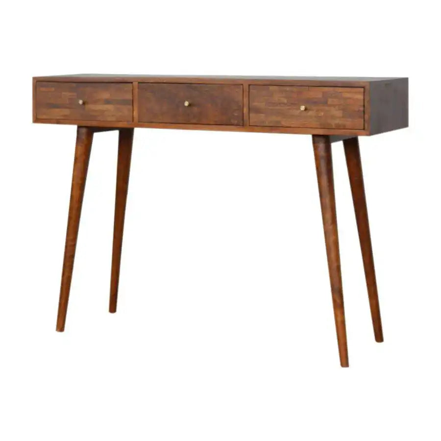 Patchwork Pattern 3 Drawer Console Table in Chestnut-effect Mango Wood - Price Crash Furniture