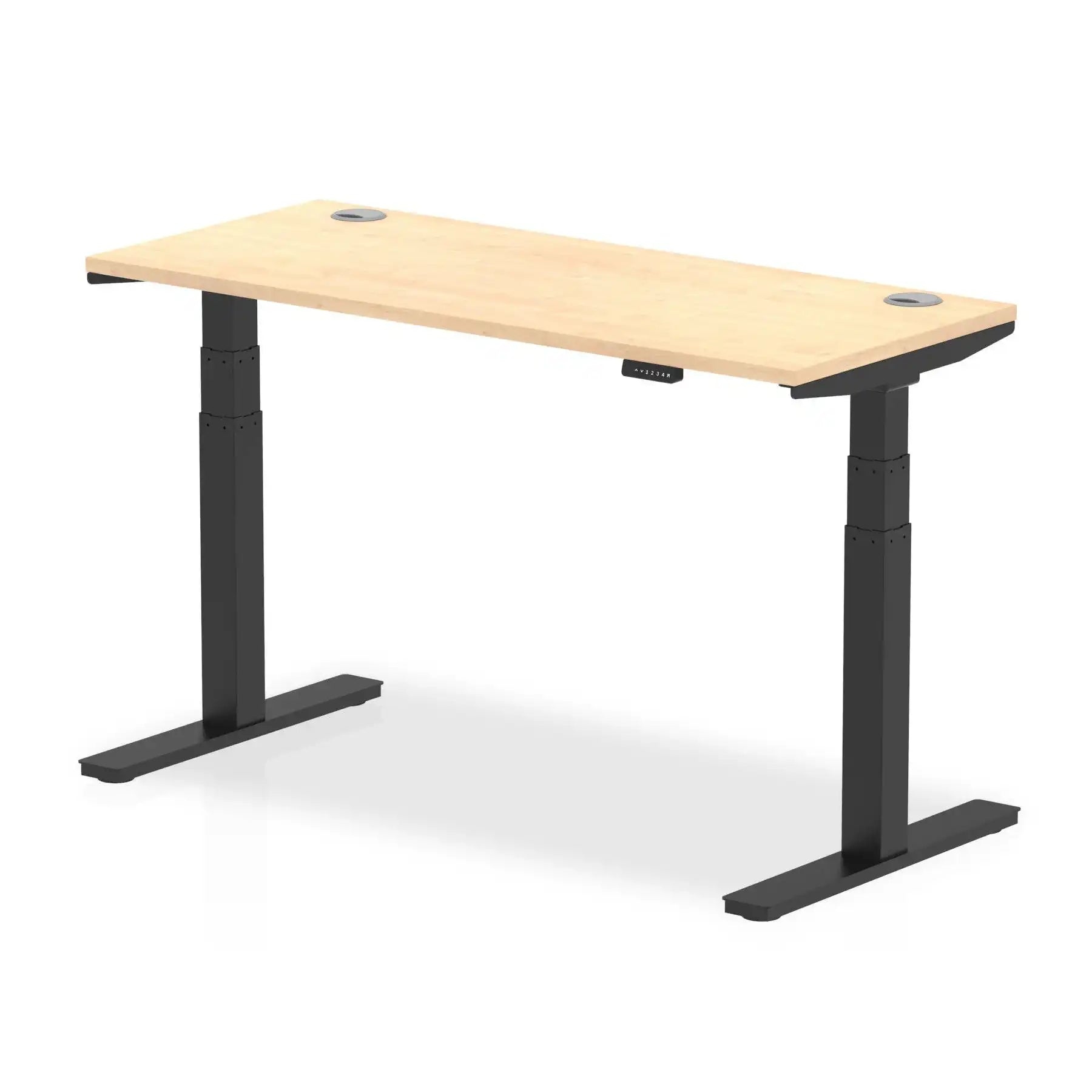 Air 600mm Height Adjustable Office Desk Maple Top Cable Ports Black Leg - Price Crash Furniture
