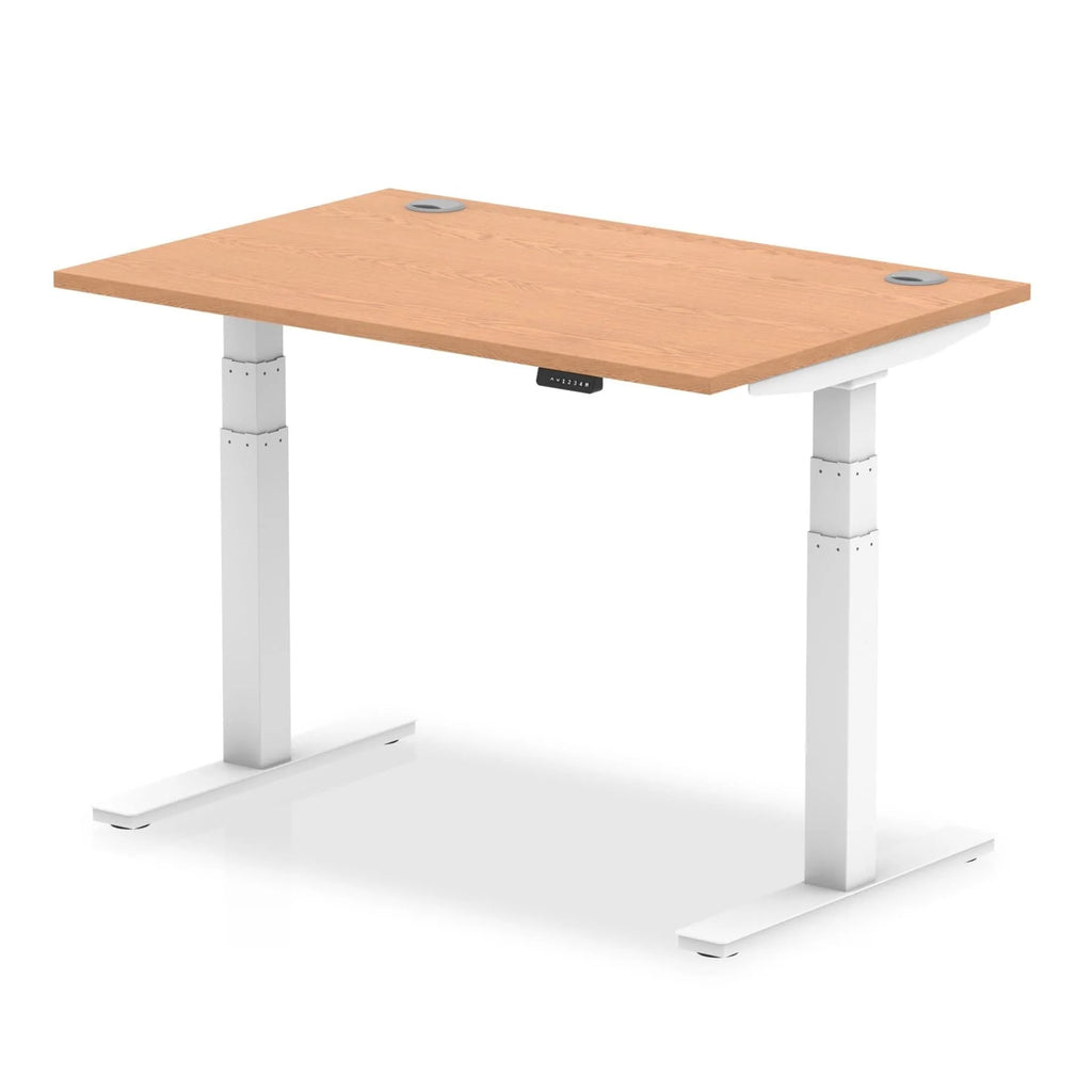 Air 800mm Height Adjustable Office Desk Oak Top Cable Ports White Leg - Price Crash Furniture