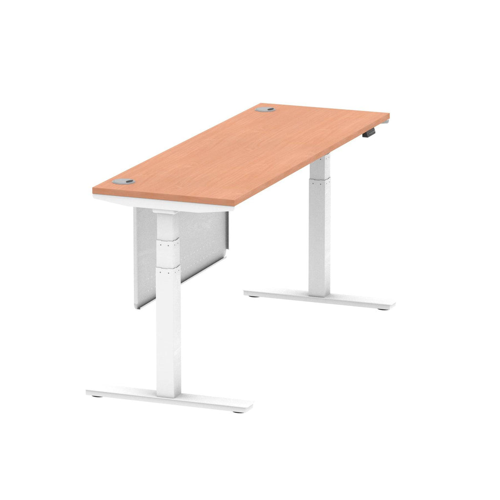 Air Modesty 600mm Height Adjustable Office Desk Beech Top Cable Ports White Leg With White Steel Modesty Panel - Price Crash Furniture