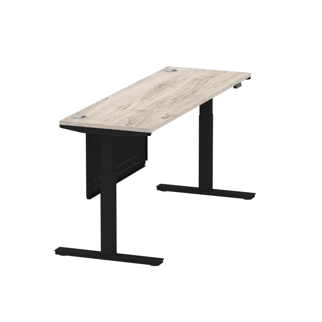 Air Modesty 600mm Height Adjustable Office Desk Grey Oak Top Cable Ports Black Leg With Black Steel Modesty Panel - Price Crash Furniture