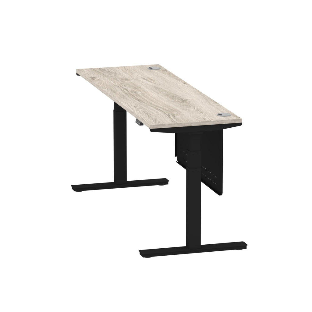 Air Modesty 600mm Height Adjustable Office Desk Grey Oak Top Cable Ports Black Leg With Black Steel Modesty Panel - Price Crash Furniture