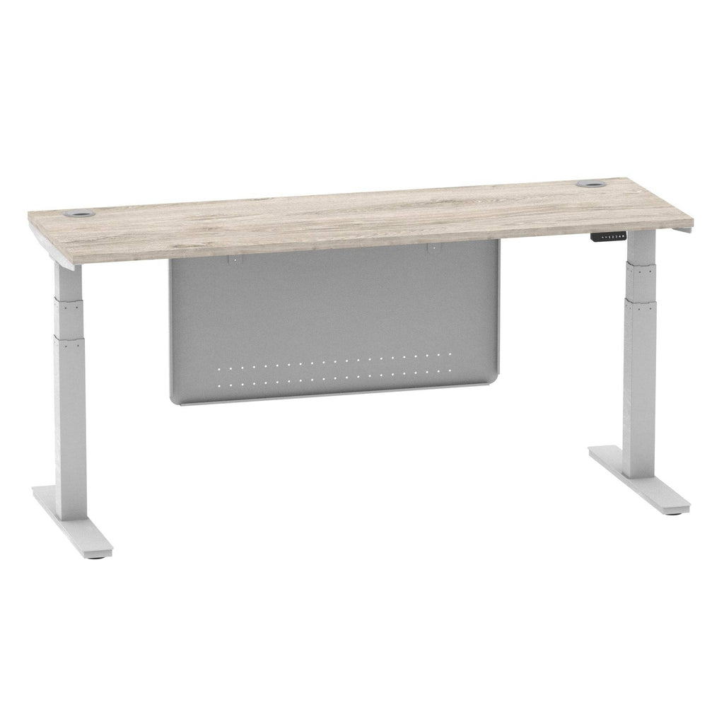 Air Modesty 600mm Height Adjustable Office Desk Grey Oak Top Cable Ports Silver Leg With Silver Steel Modesty Panel - Price Crash Furniture