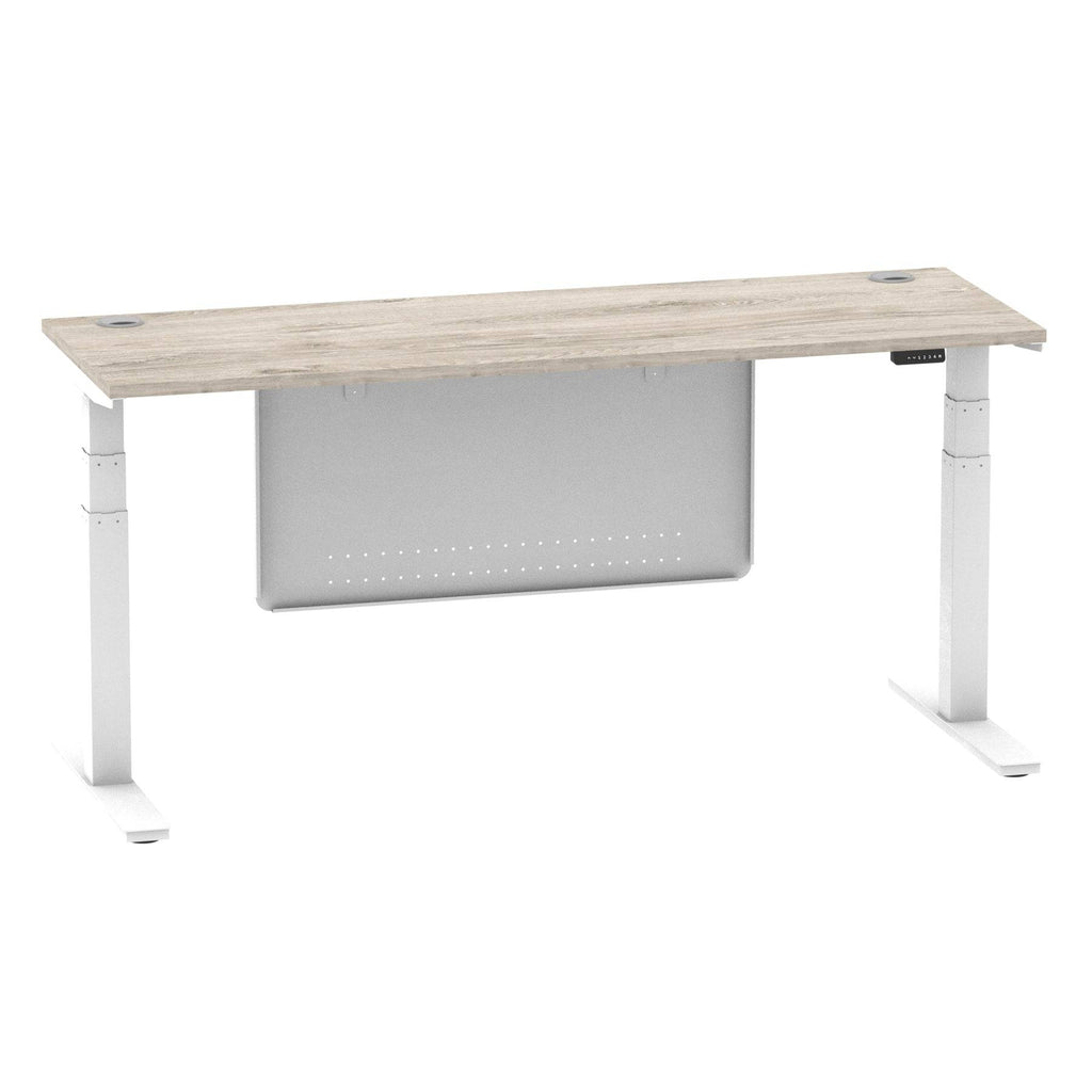 Air Modesty 600mm Height Adjustable Office Desk Grey Oak Top Cable Ports White Leg With White Steel Modesty Panel - Price Crash Furniture