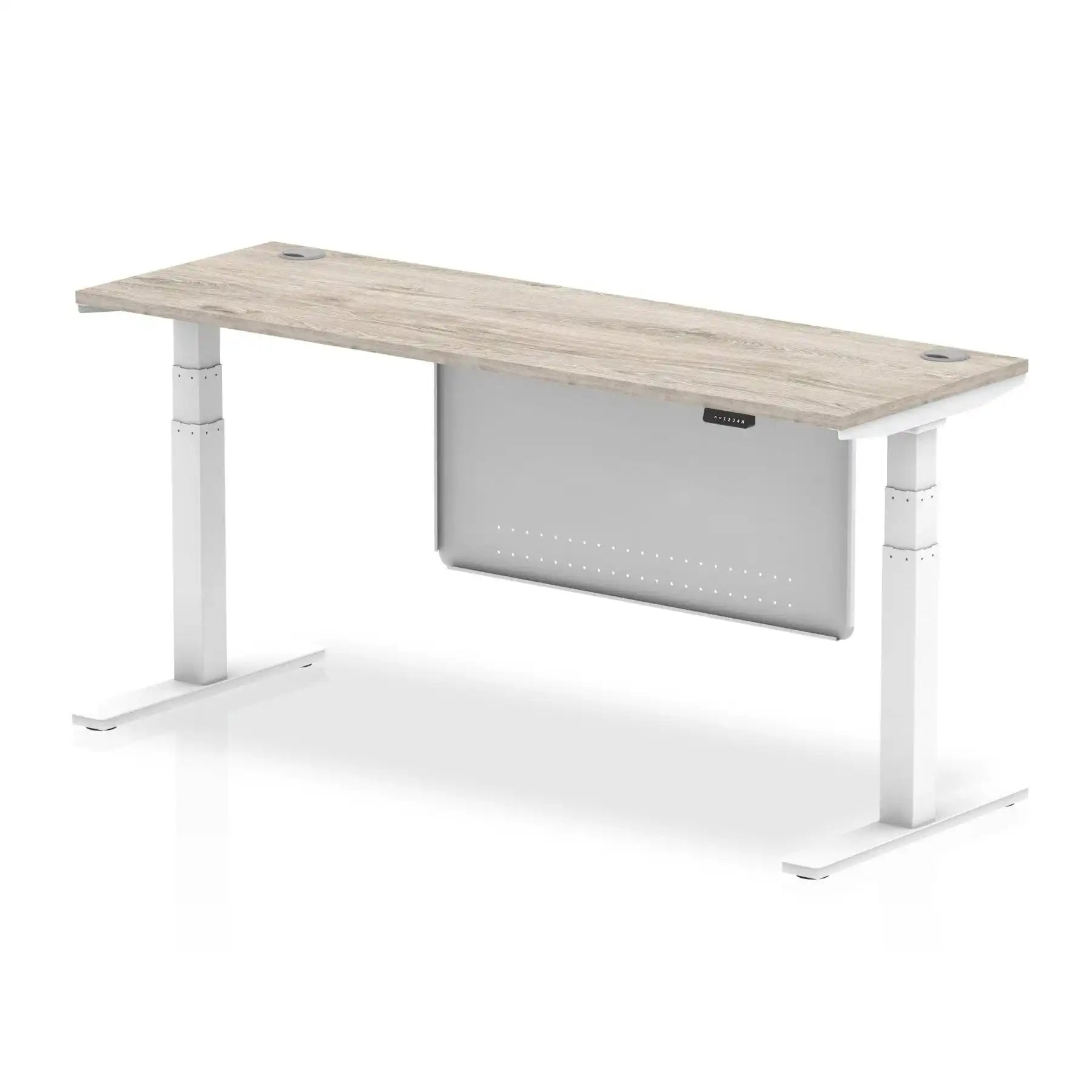 Air Modesty 600mm Height Adjustable Office Desk Grey Oak Top Cable Ports White Leg With White Steel Modesty Panel - Price Crash Furniture