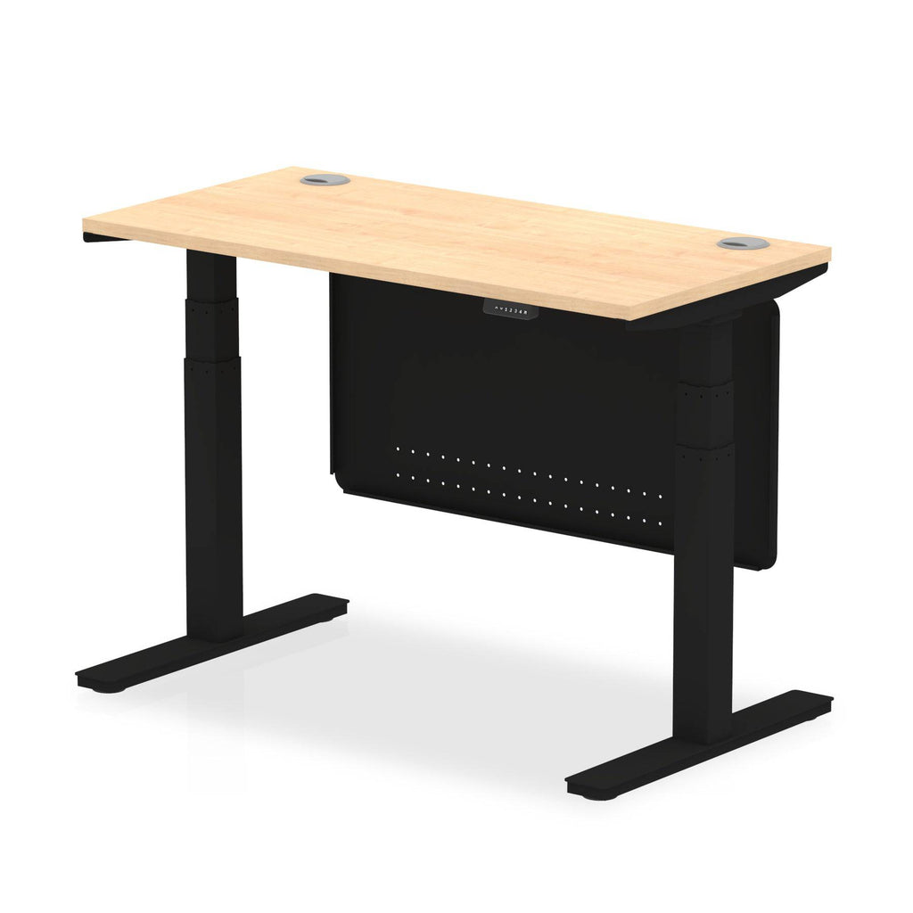 Air Modesty 600mm Height Adjustable Office Desk Maple Top Cable Ports Black Leg With Black Steel Modesty Panel - Price Crash Furniture