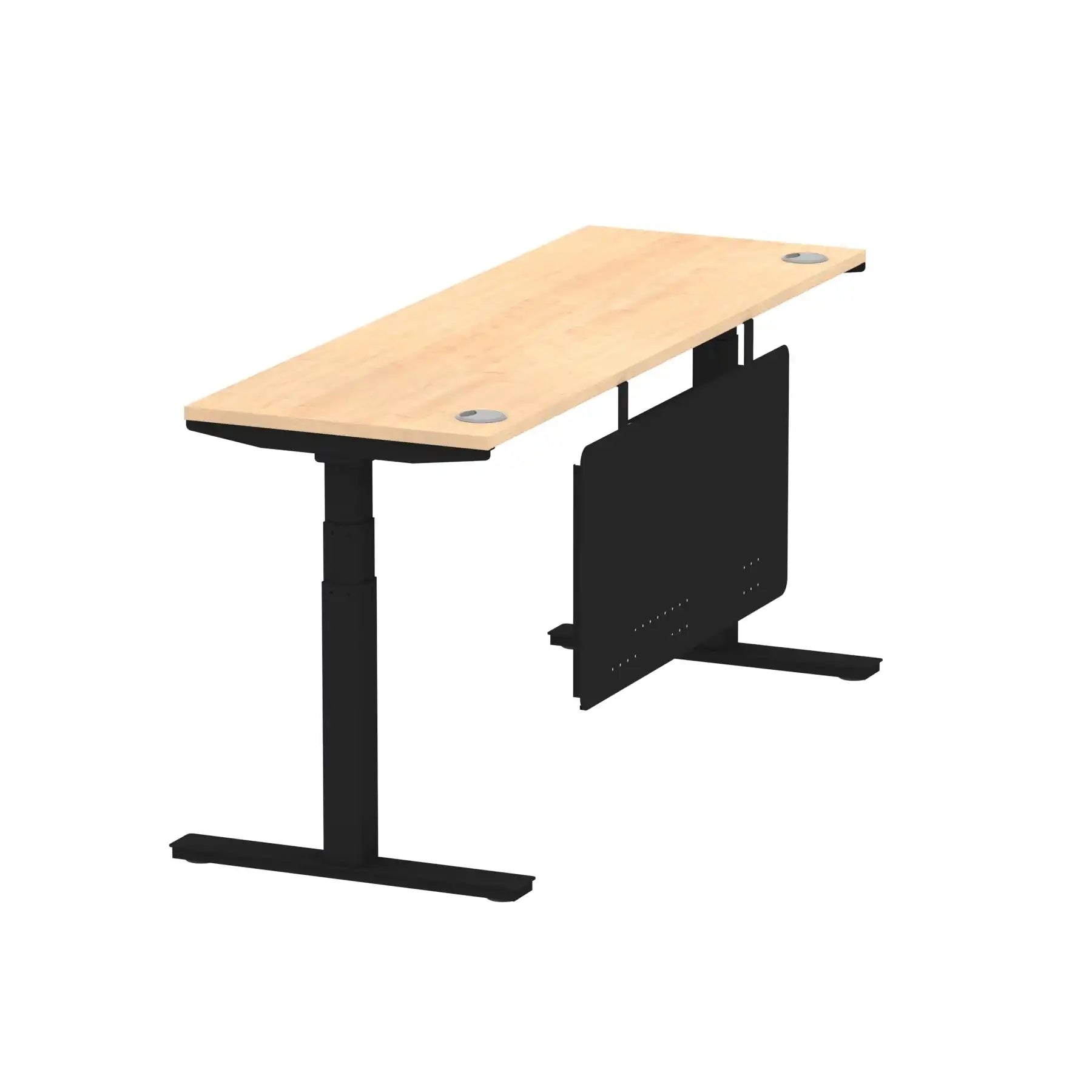 Air Modesty 600mm Height Adjustable Office Desk Maple Top Cable Ports Black Leg With Black Steel Modesty Panel - Price Crash Furniture