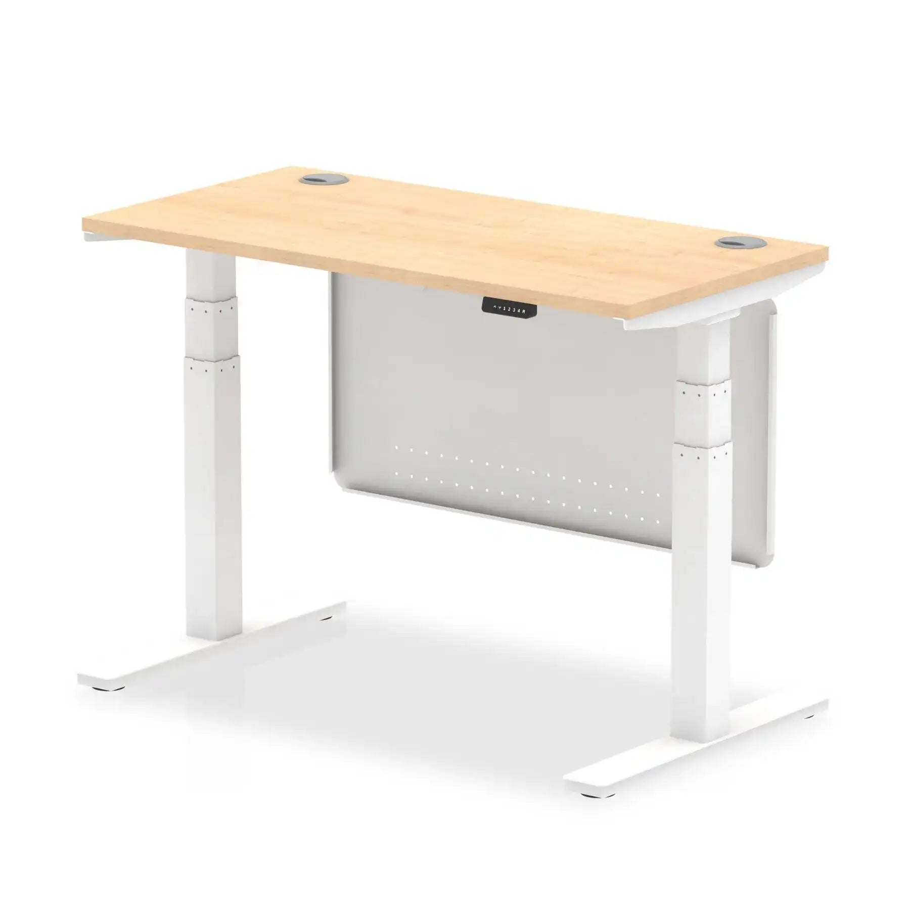 Air Modesty 600mm Height Adjustable Office Desk Maple Top Cable Ports White Leg With White Steel Modesty Panel - Price Crash Furniture