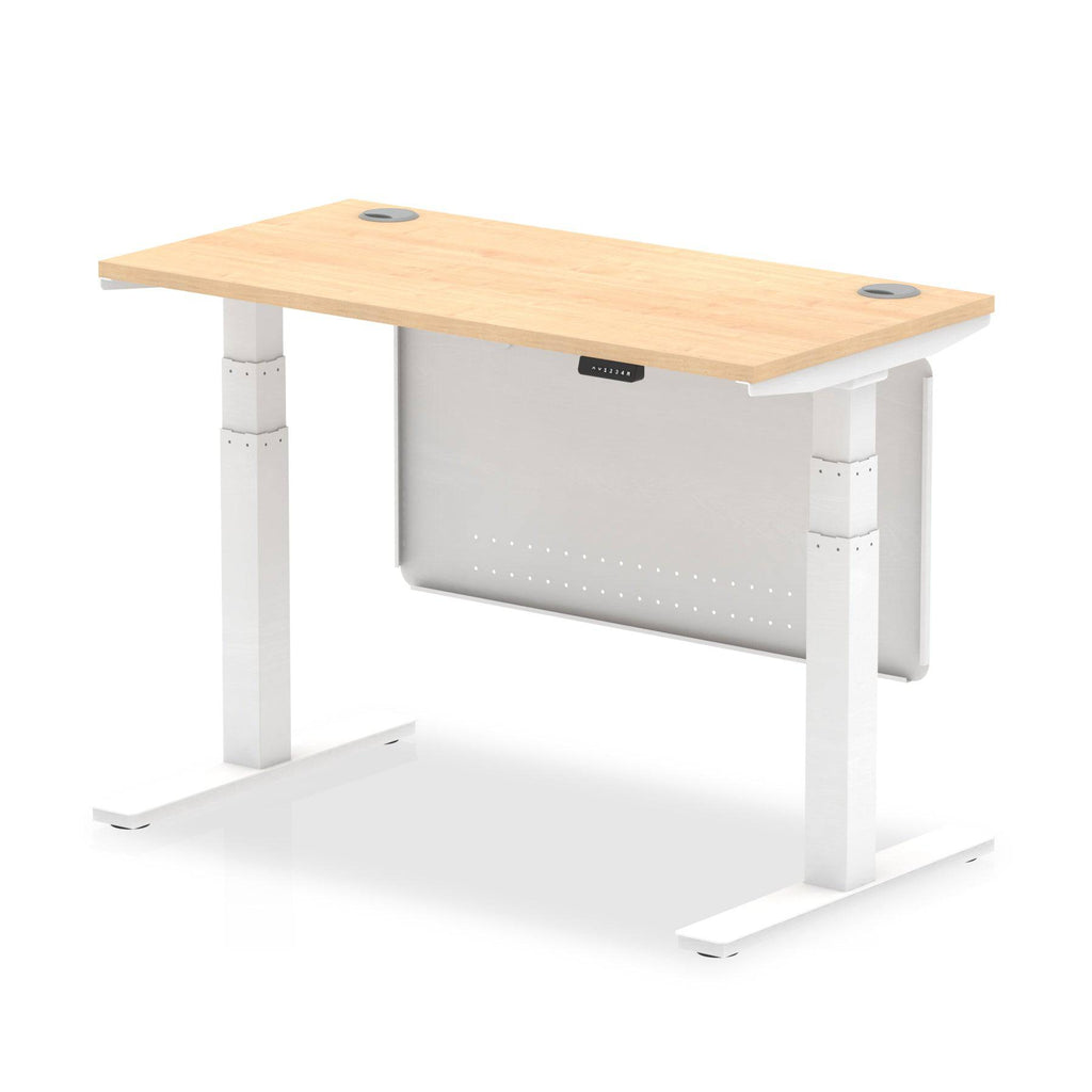 Air Modesty 600mm Height Adjustable Office Desk Maple Top Cable Ports White Leg With White Steel Modesty Panel - Price Crash Furniture