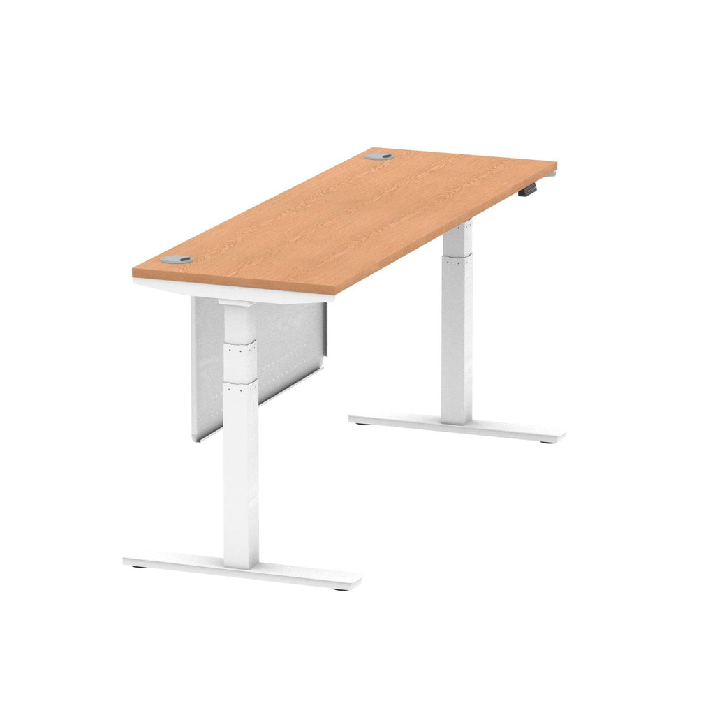 Air Modesty 600mm Height Adjustable Office Desk Oak Top Cable Ports White Leg With White Steel Modesty Panel - Price Crash Furniture