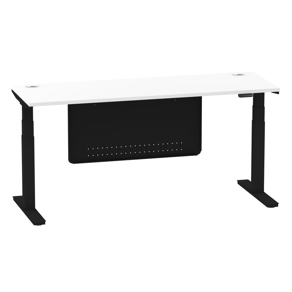 Air Modesty 600mm Height Adjustable Office Desk White Top Cable Ports Black Leg With Black Steel Modesty Panel - Price Crash Furniture