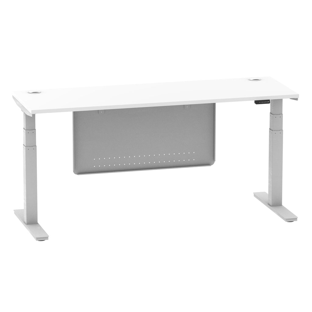 Air Modesty 600mm Height Adjustable Office Desk White Top Cable Ports Silver Leg With Silver Steel Modesty Panel - Price Crash Furniture