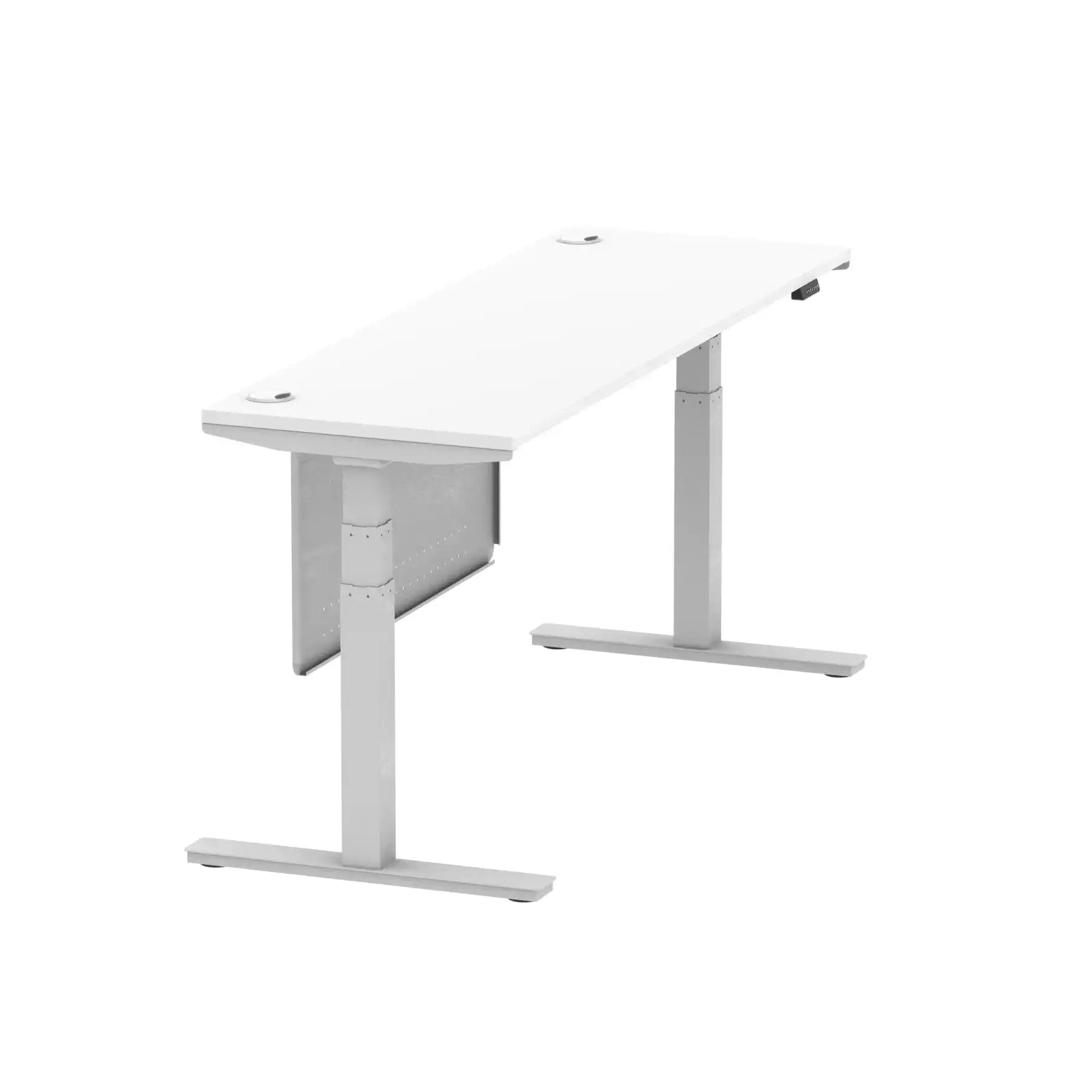 Air Modesty 600mm Height Adjustable Office Desk White Top Cable Ports Silver Leg With Silver Steel Modesty Panel - Price Crash Furniture