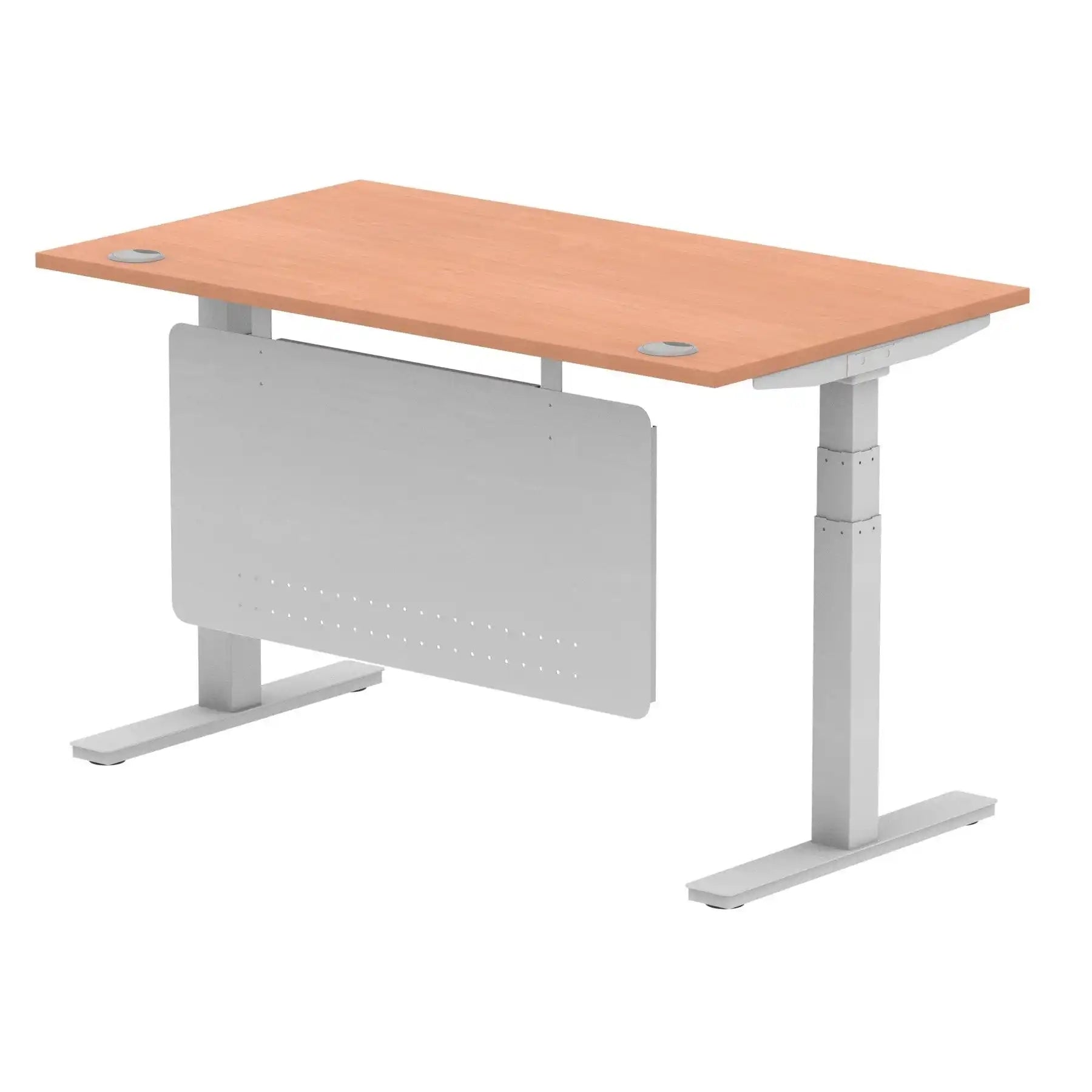 Air Modesty 800mm Height Adjustable Office Desk Beech Top Cable Ports Silver Leg With Silver Steel Modesty Panel - Price Crash Furniture