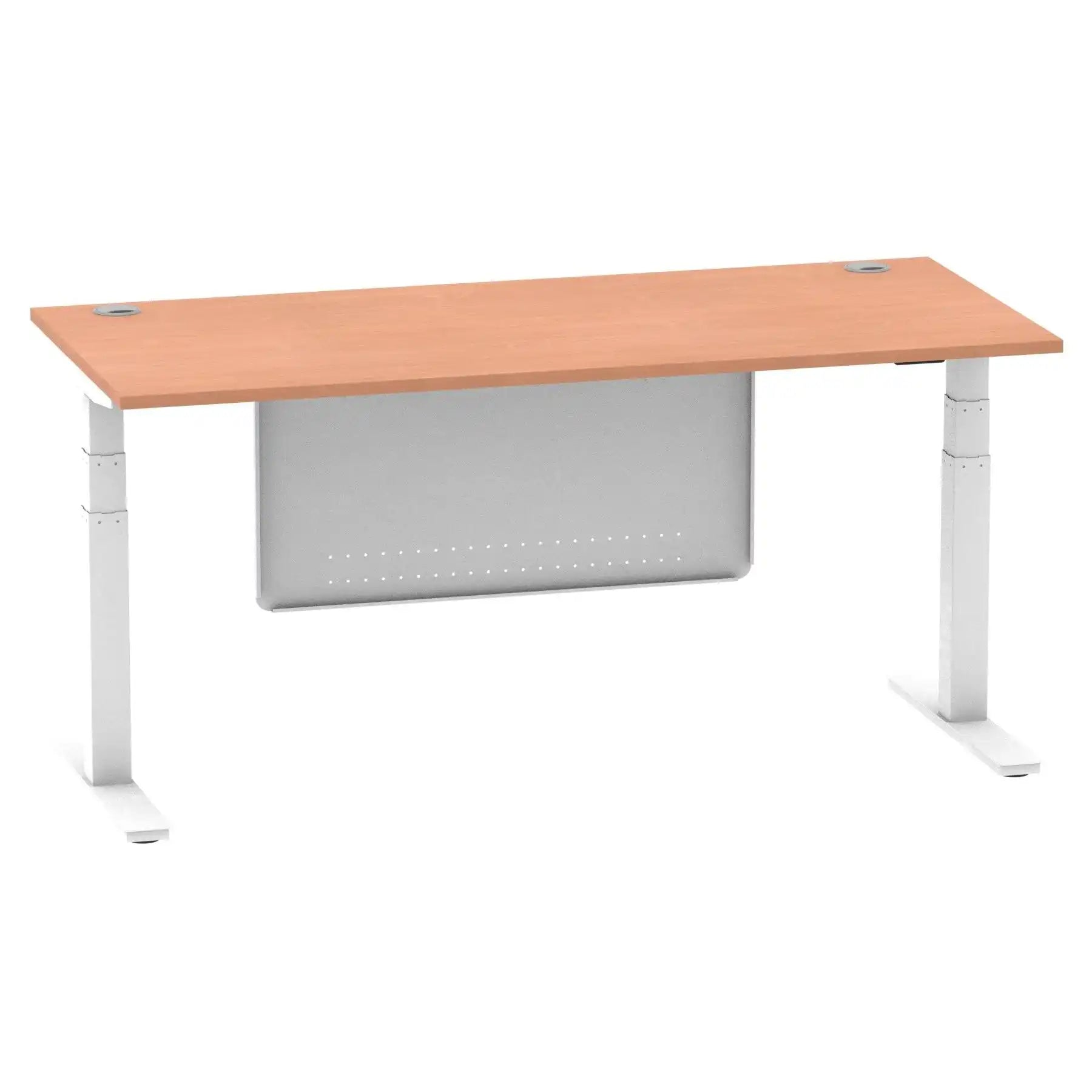 Air Modesty 800mm Height Adjustable Office Desk Beech Top Cable Ports White Leg With White Steel Modesty Panel - Price Crash Furniture