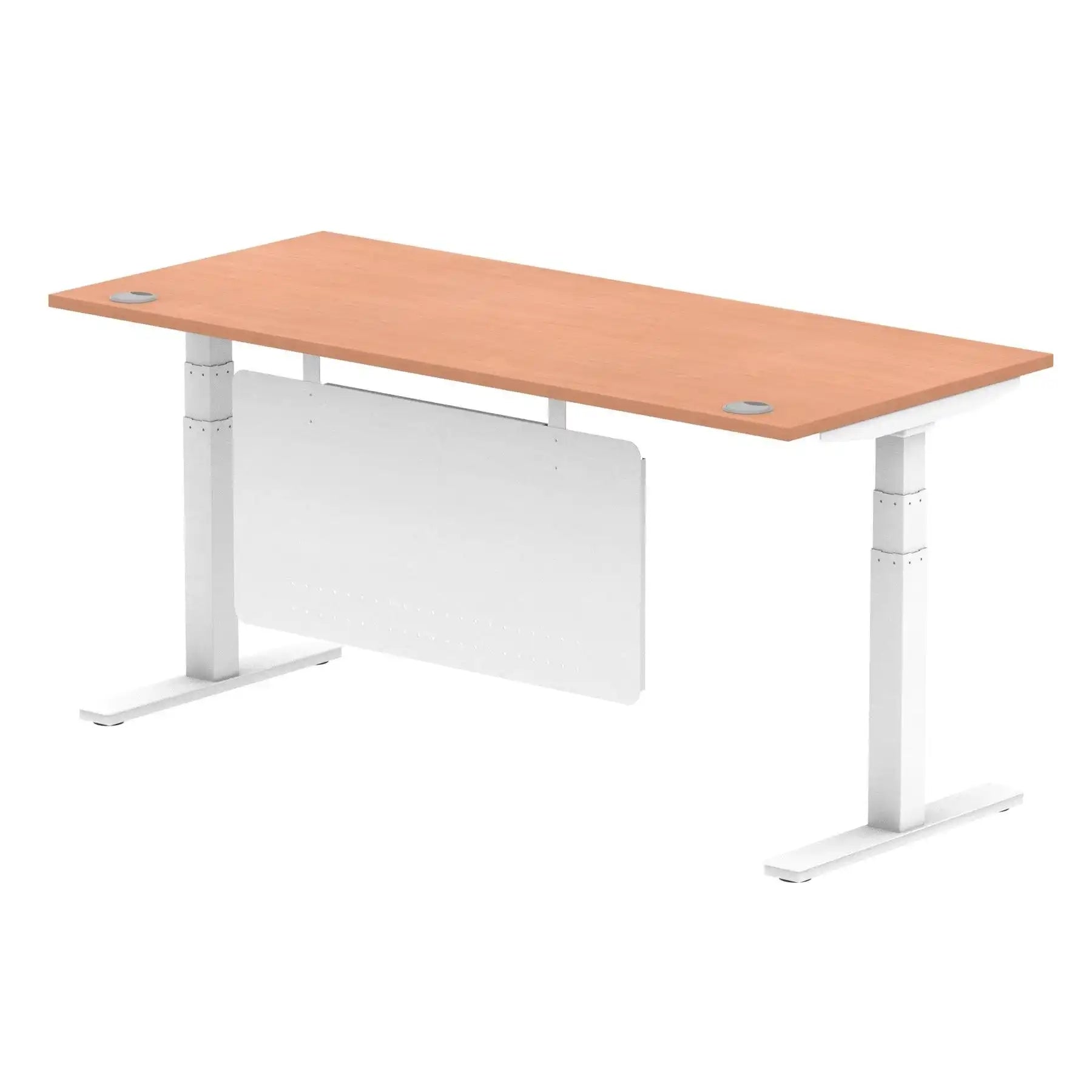 Air Modesty 800mm Height Adjustable Office Desk Beech Top Cable Ports White Leg With White Steel Modesty Panel - Price Crash Furniture