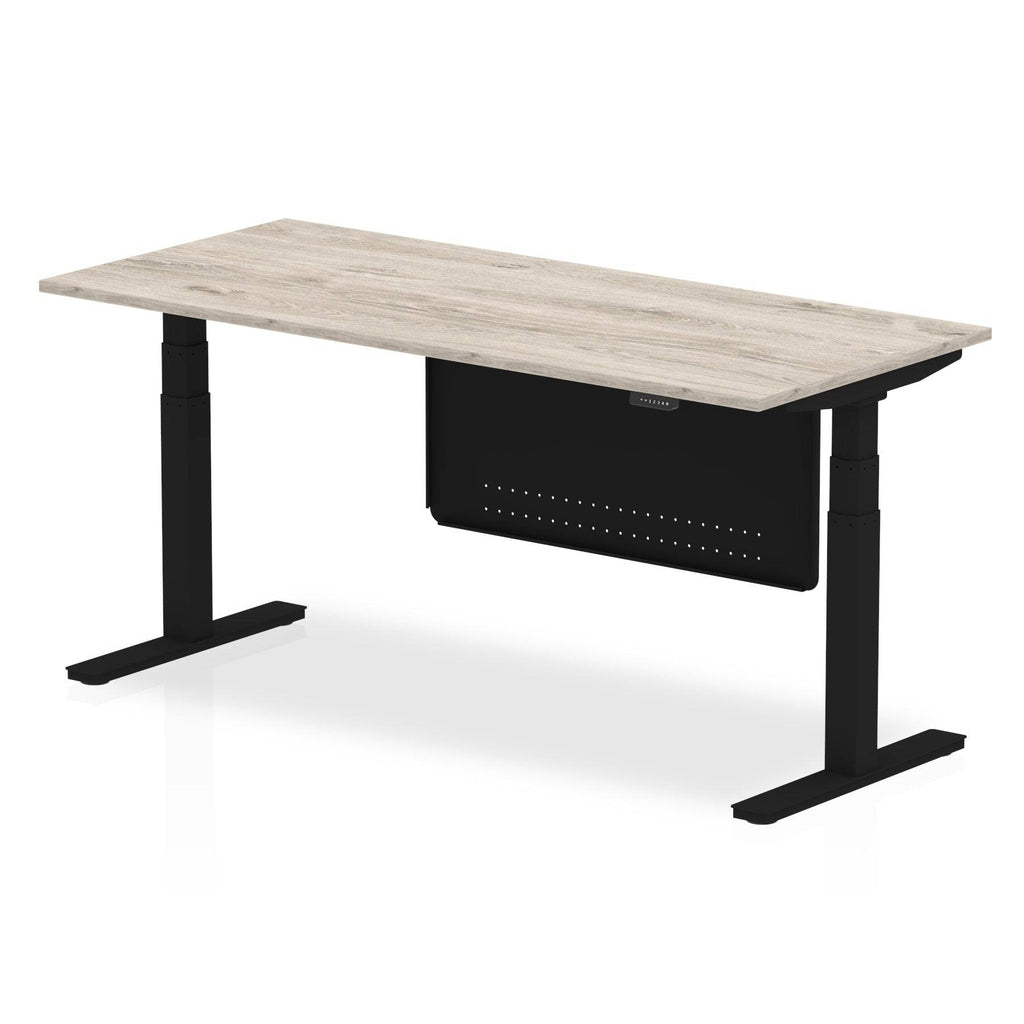 Air Modesty 800mm Height Adjustable Office Desk Grey Oak Top Black Leg With Black Steel Modesty Panel - Price Crash Furniture