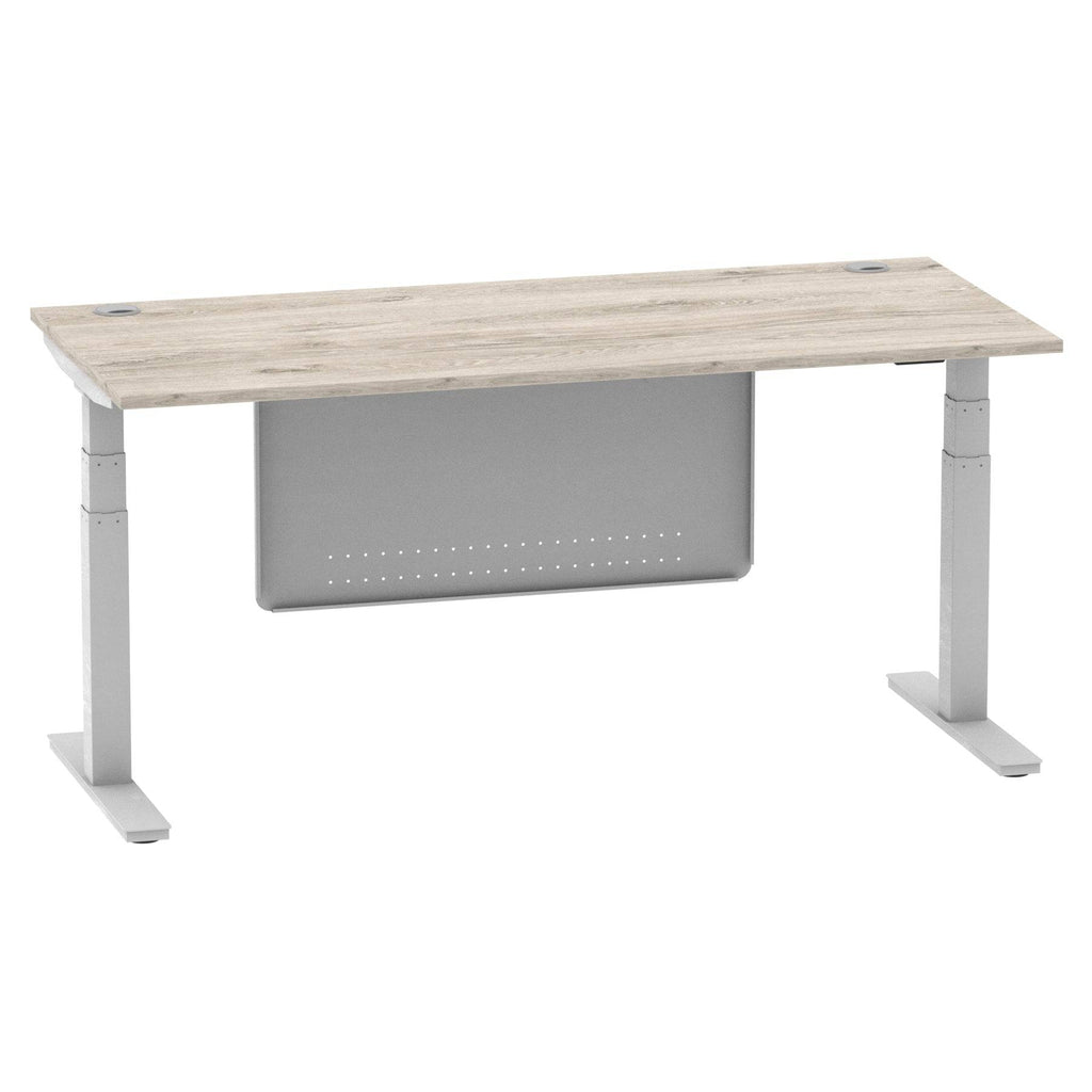 Air Modesty 800mm Height Adjustable Office Desk Grey Oak Top Cable Ports Silver Leg With Silver Steel Modesty Panel - Price Crash Furniture