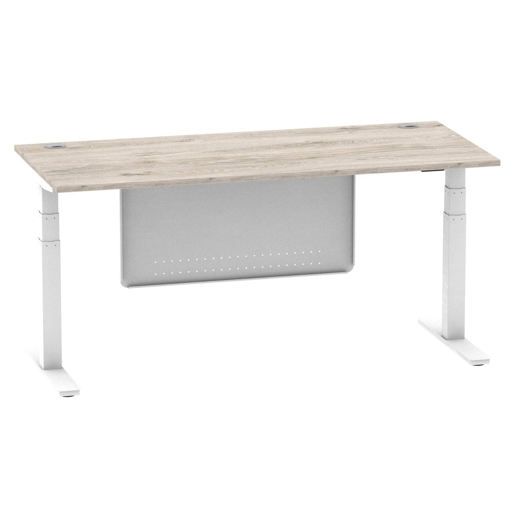 Air Modesty 800mm Height Adjustable Office Desk Grey Oak Top Cable Ports White Leg With White Steel Modesty Panel - Price Crash Furniture