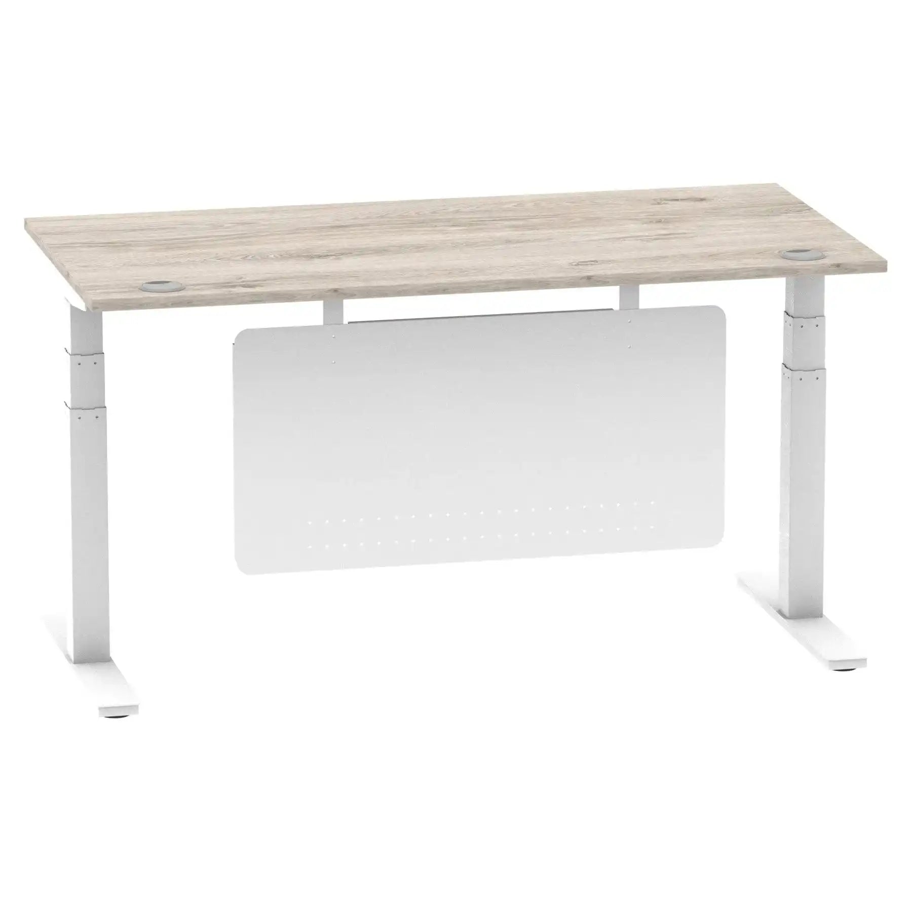 Air Modesty 800mm Height Adjustable Office Desk Grey Oak Top Cable Ports White Leg With White Steel Modesty Panel - Price Crash Furniture