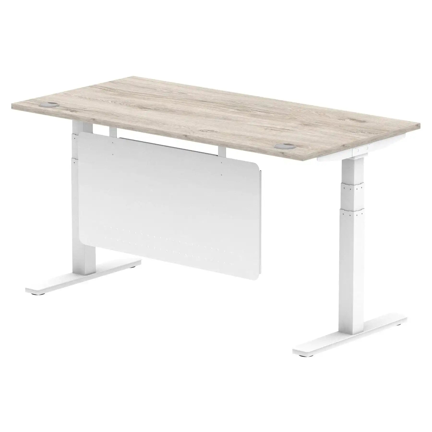 Air Modesty 800mm Height Adjustable Office Desk Grey Oak Top Cable Ports White Leg With White Steel Modesty Panel - Price Crash Furniture